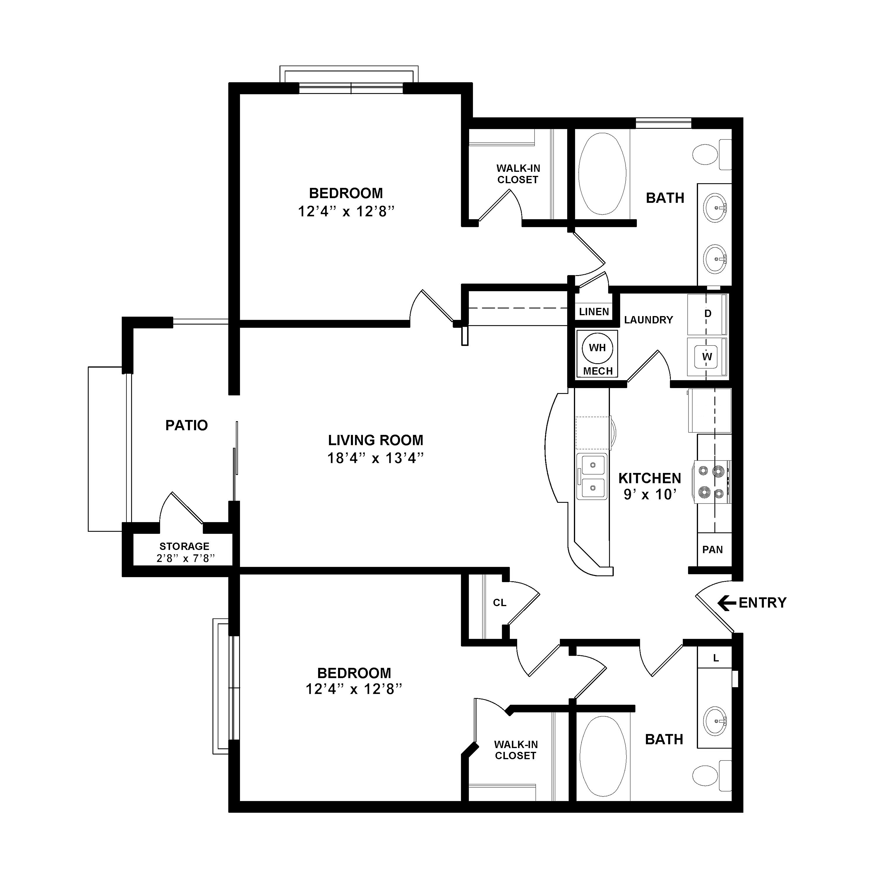 Modern floor plan showcasing 2 spacious bedrooms, open living room, and functional kitchen with patio, ideal for comfortable living.