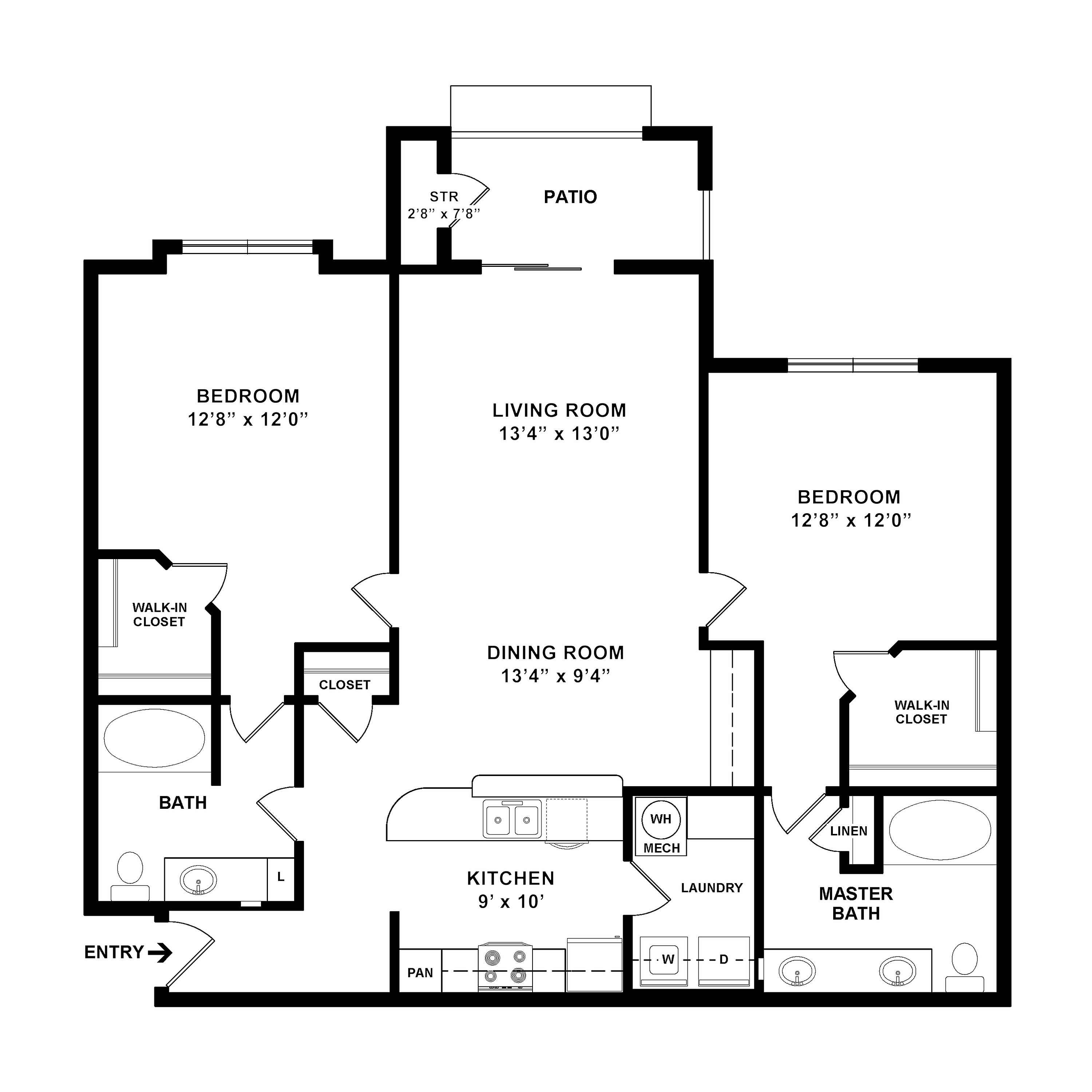 Modern floor plan with two spacious bedrooms, walk-in closets, open living and dining area, and a cozy patio. Includes a functional kitchen, laundry, and luxurious master bath.