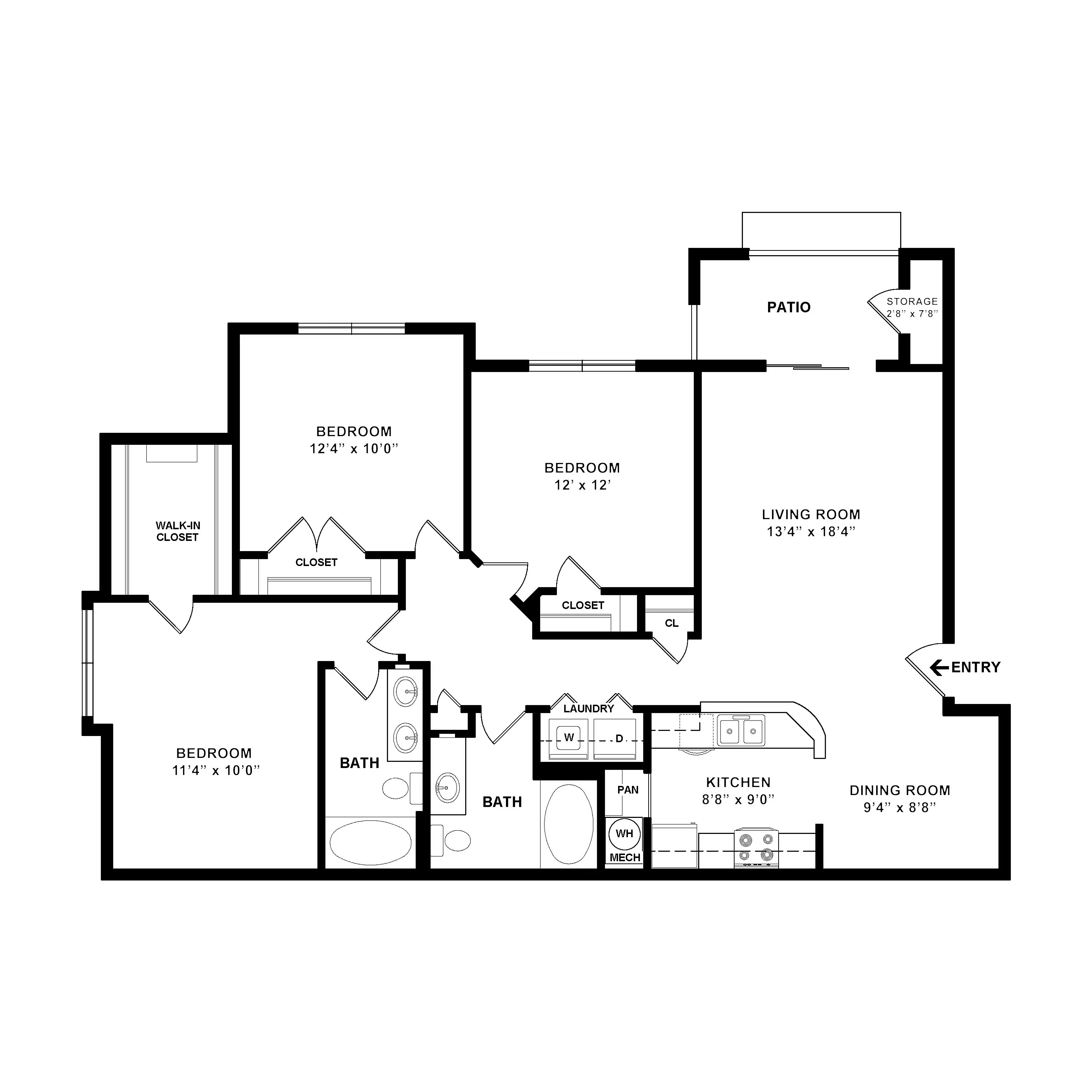 Spacious floor plan featuring 3 bedrooms, a modern kitchen, and a large living room with patio access.