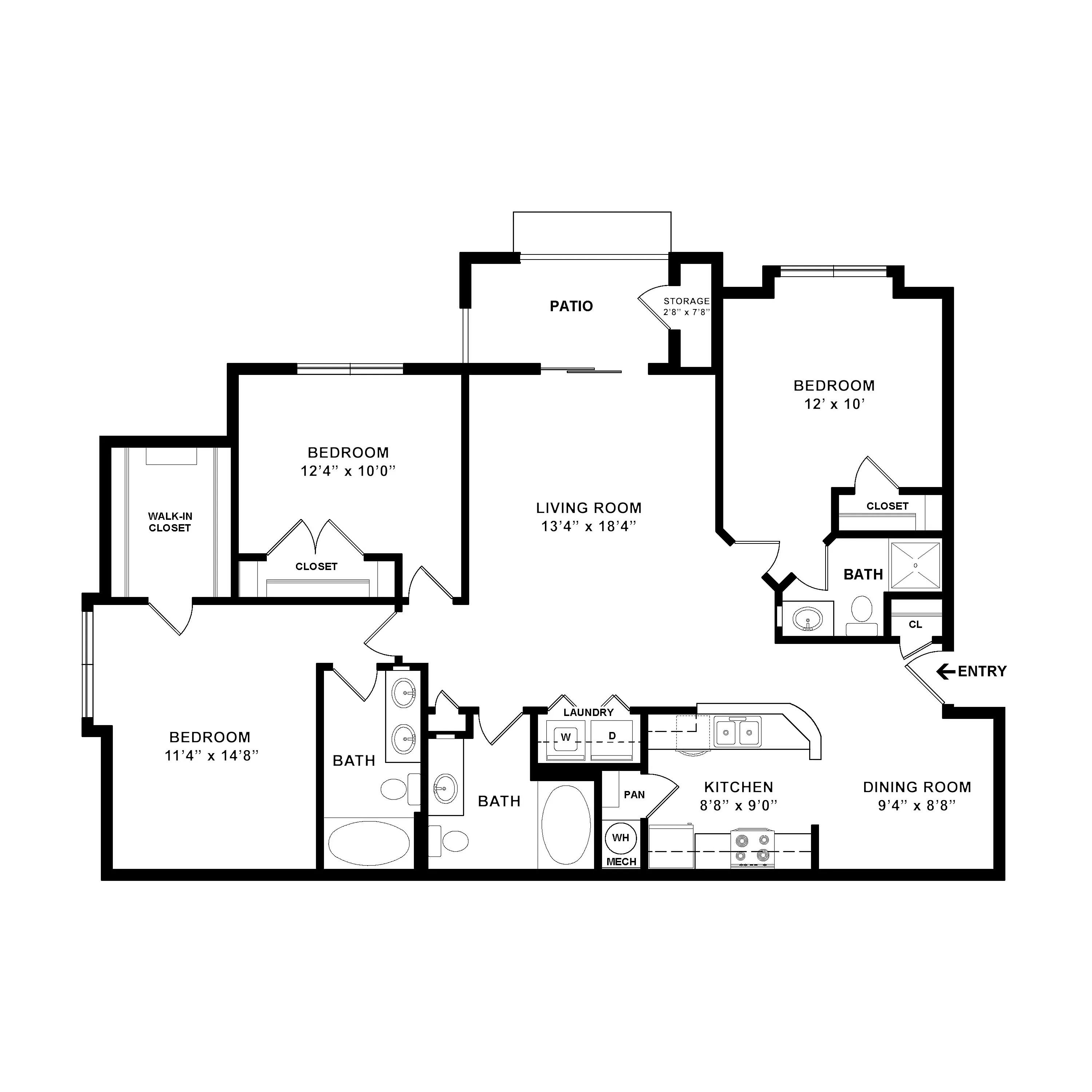 Modern apartment floor plan showcasing three spacious bedrooms, a large living room with patio access, a well-appointed kitchen, and dining area, equipped with two bathrooms and ample closet space.