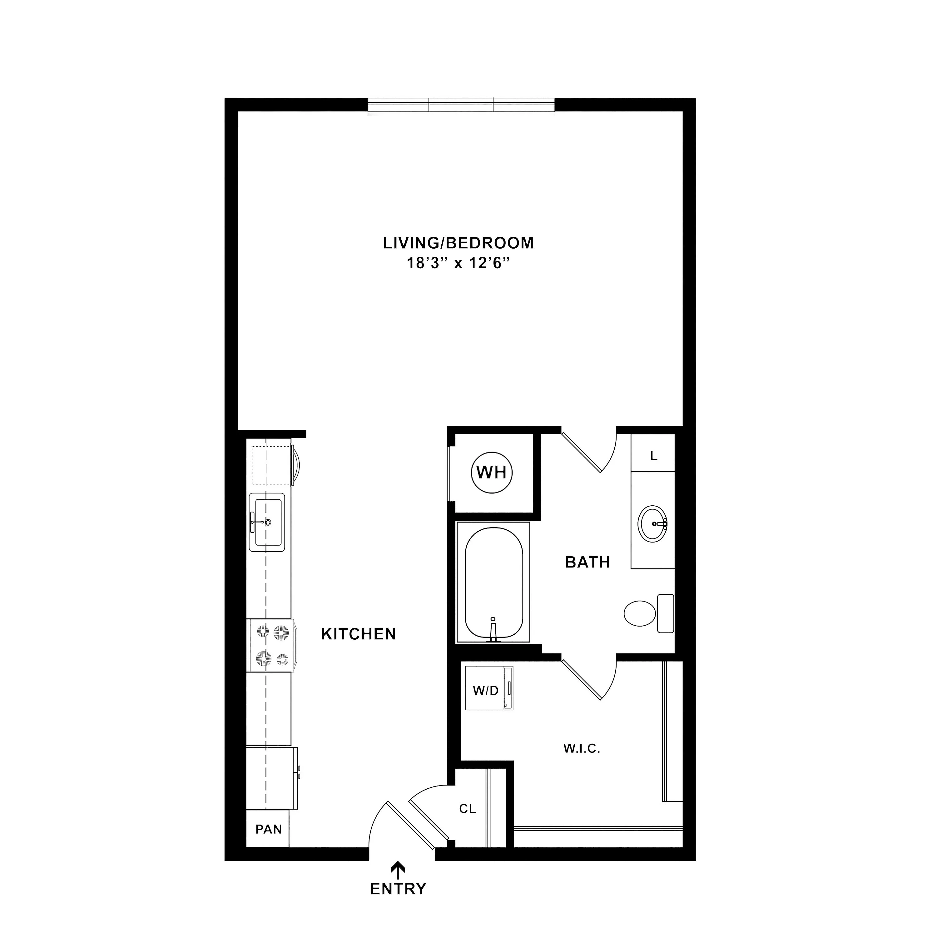 Modern studio apartment floor plan with an open living and bedroom area, sleek kitchen, and well-designed bathroom featuring a walk-in closet.