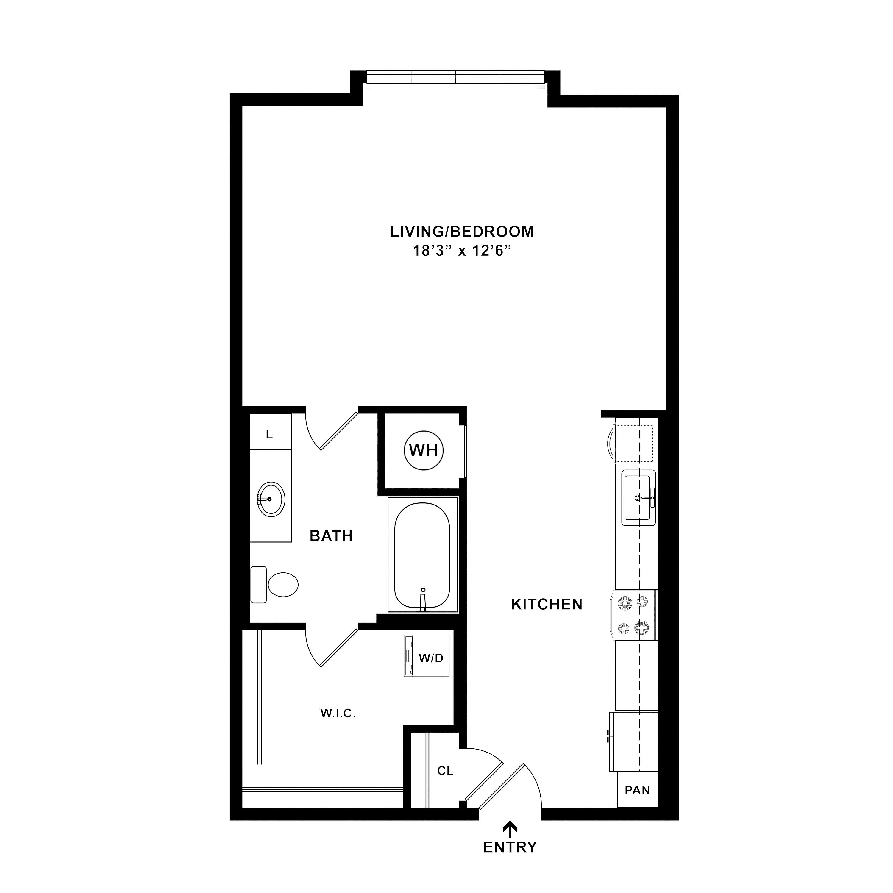 Modern studio apartment floor plan featuring an open living/bedroom area, convenient kitchen, spacious bath, and a walk-in closet.
