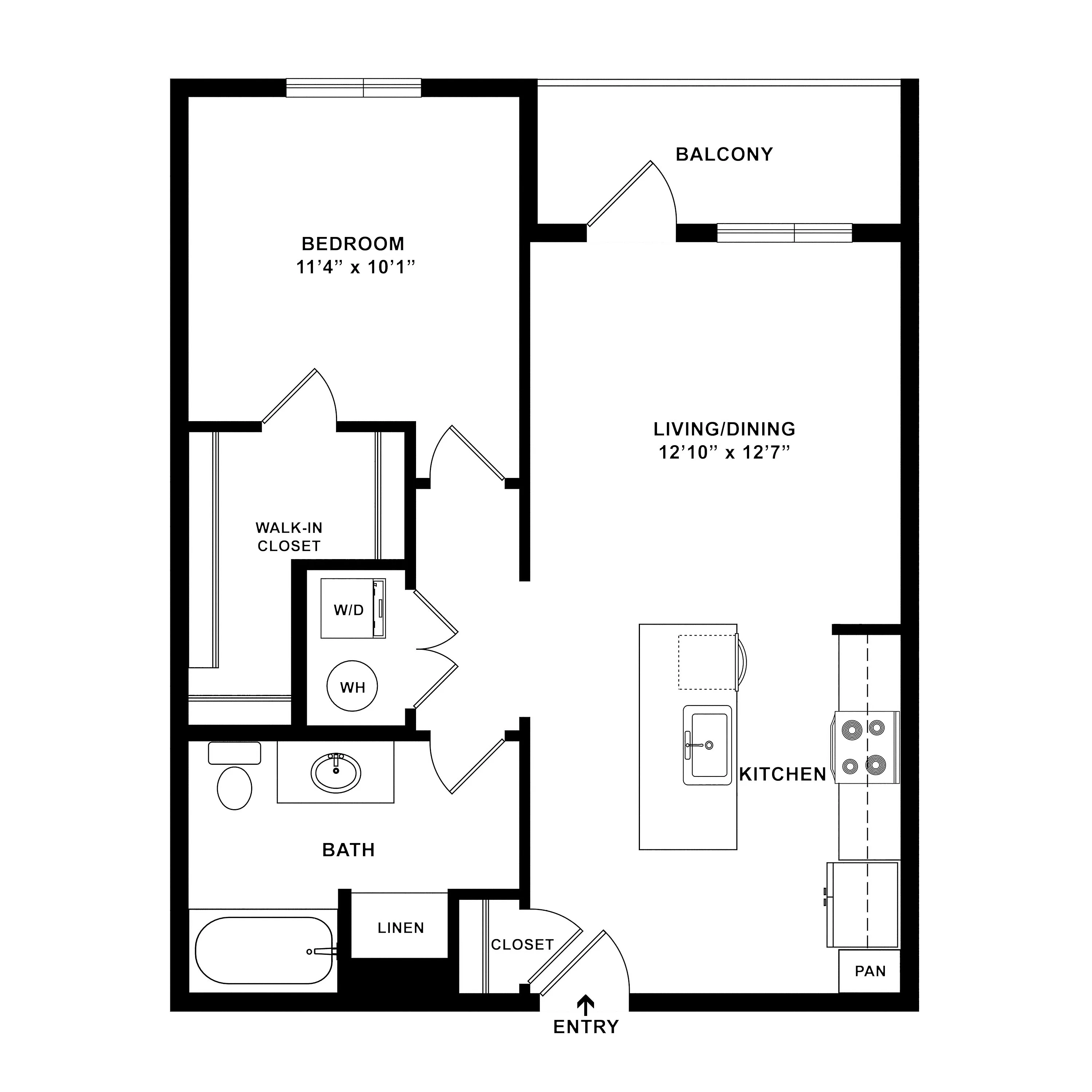 Modern floor plan with 1 bedroom, spacious living/dining area, contemporary kitchen, and private balcony.