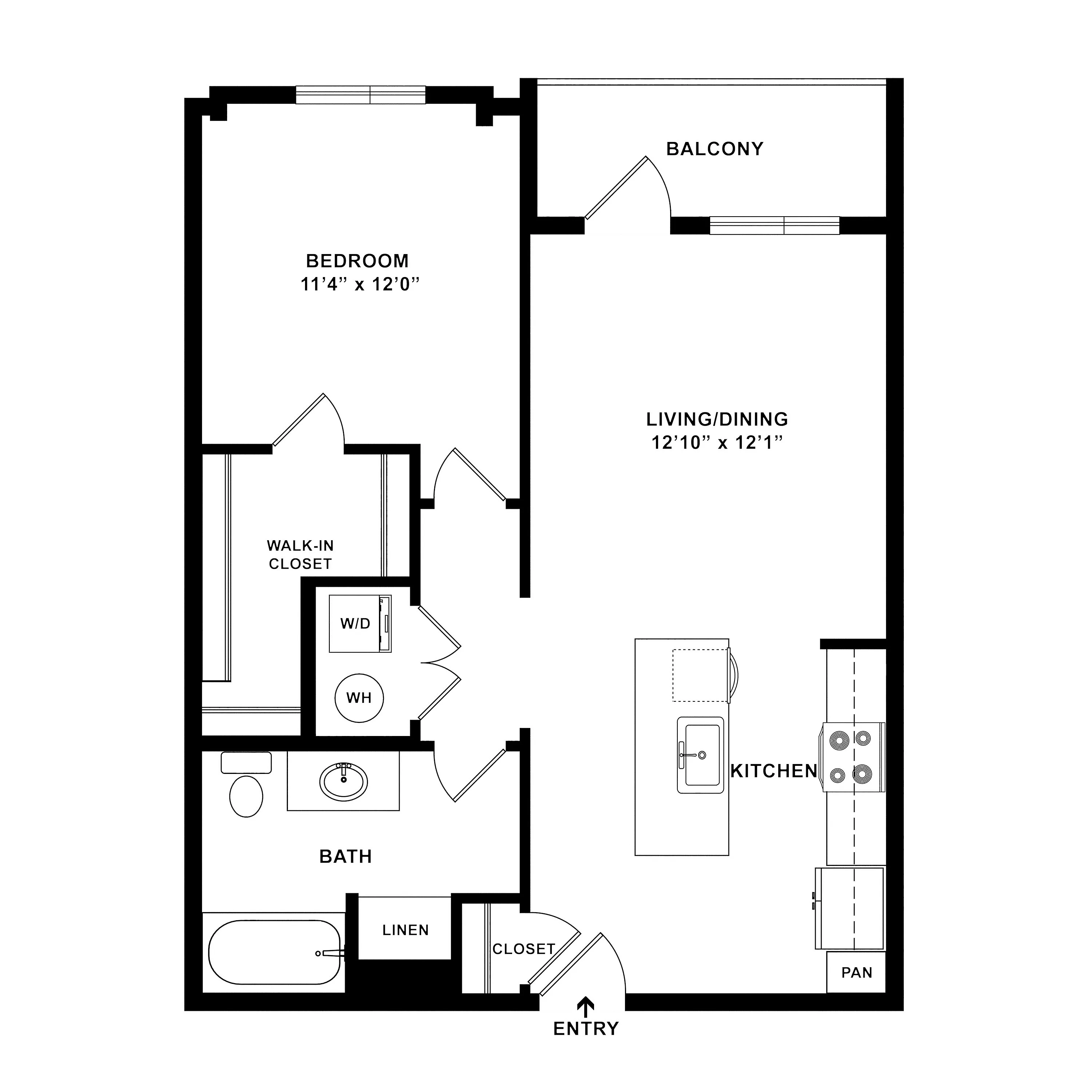 Chic 1-bedroom apartment floor plan with open-concept kitchen, spacious living and dining area, charming balcony, and walk-in closet.