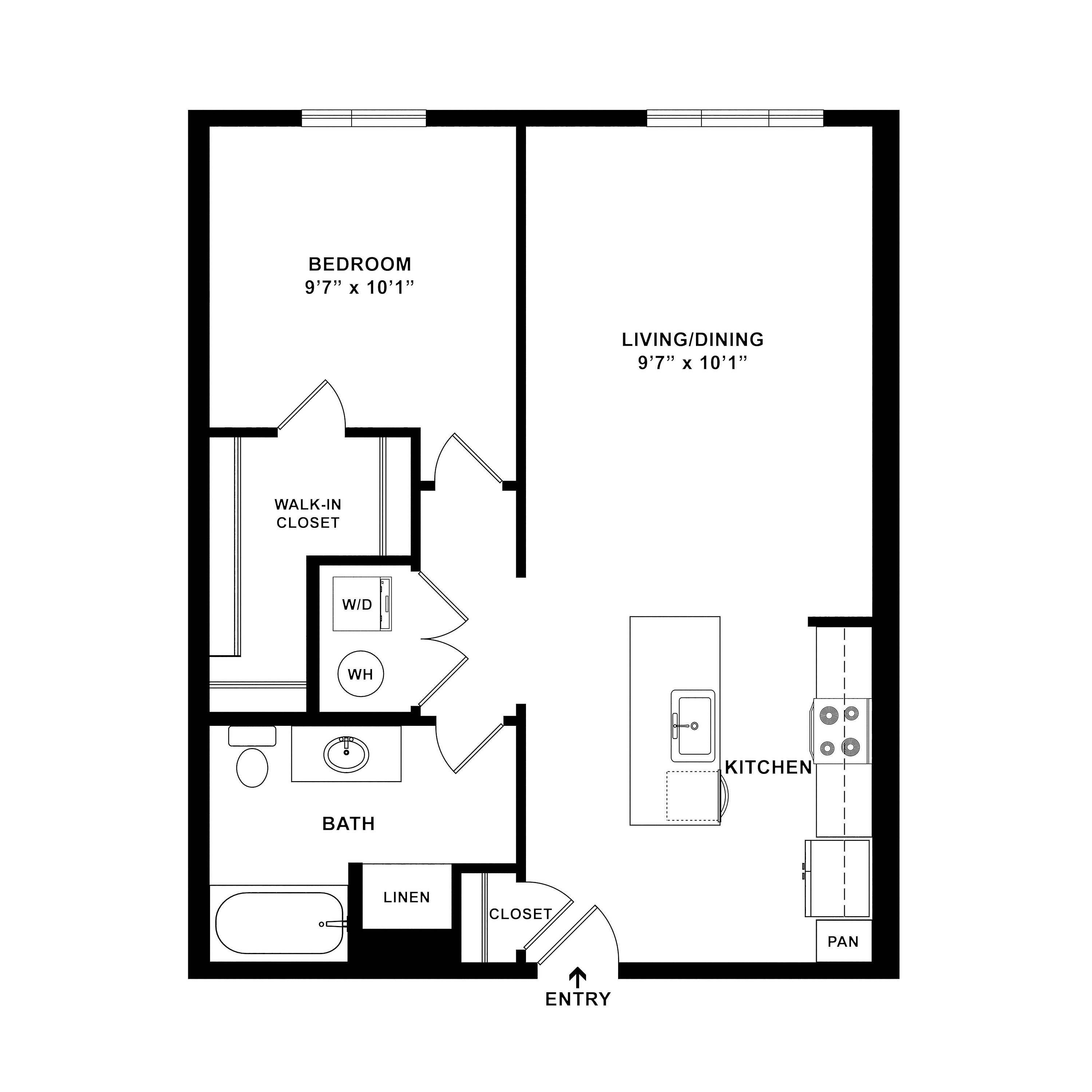 Modern floor plan showcasing a spacious 1-bedroom apartment with open-concept living and dining area, sleek kitchen, walk-in closet, and well-appointed bathroom.