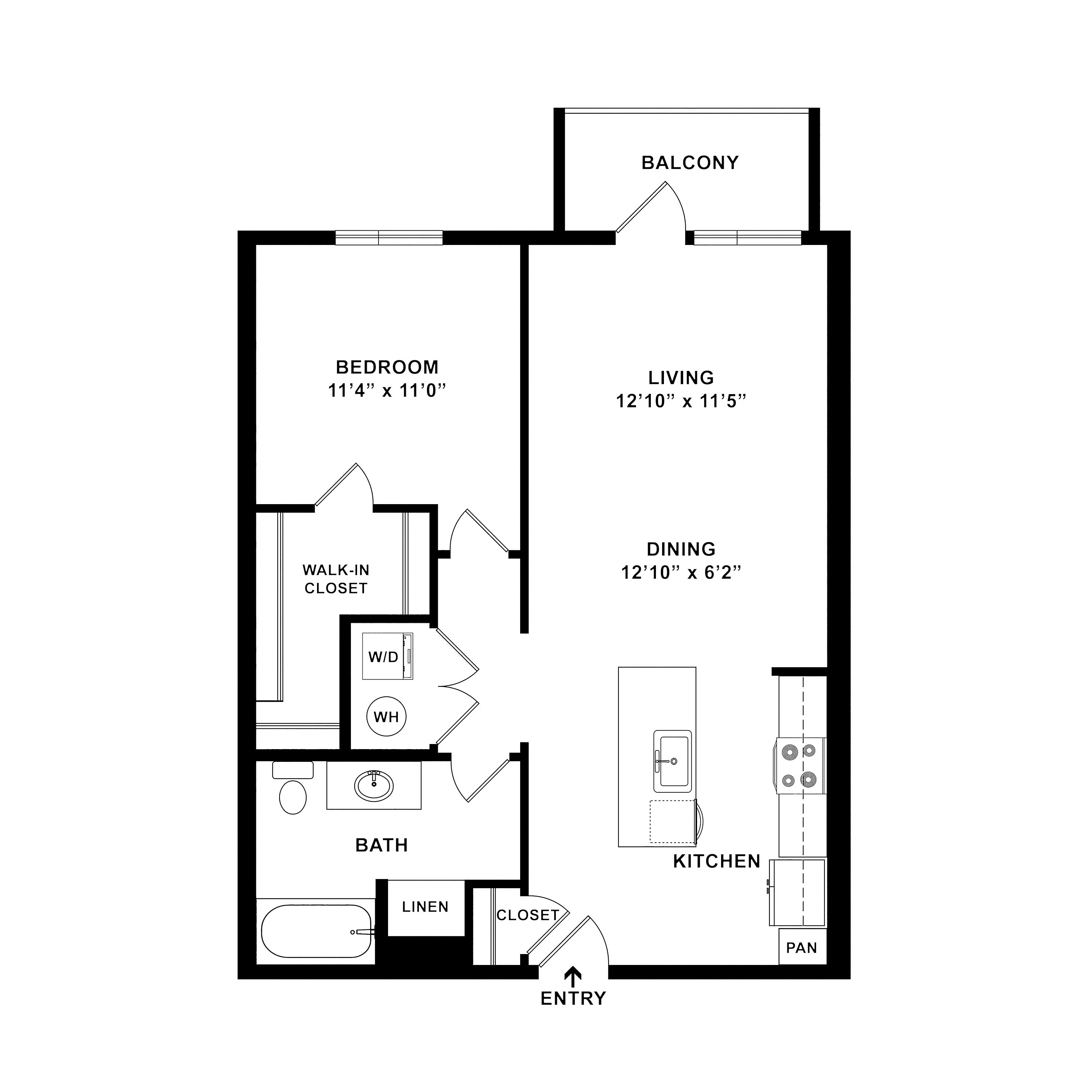Modern floor plan showcasing one-bedroom apartment featuring an inviting living room with balcony access, a stylish kitchen with island, and a cozy dining area.
