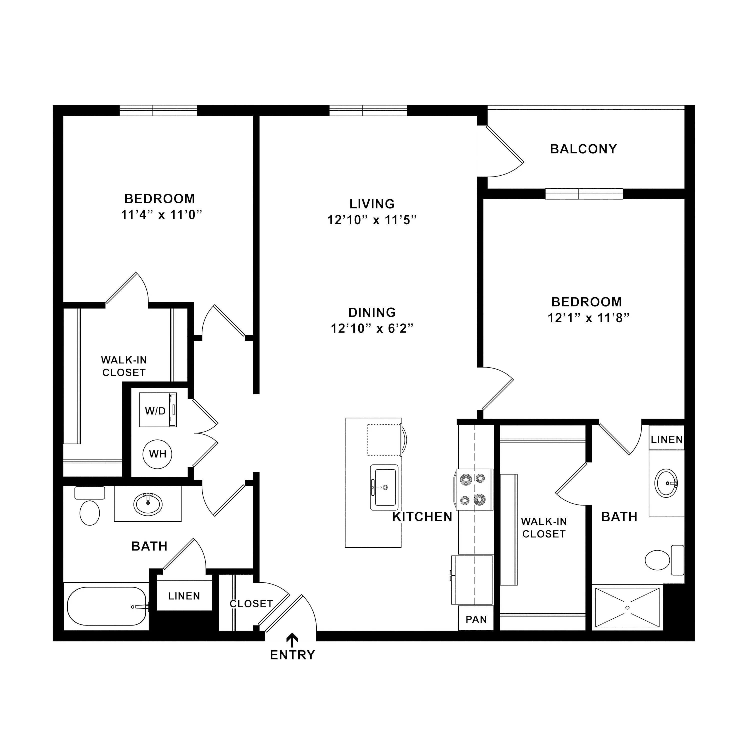 Modern apartment floor plan showcasing 2 bedrooms, open living and dining area, spacious kitchen, and balcony.