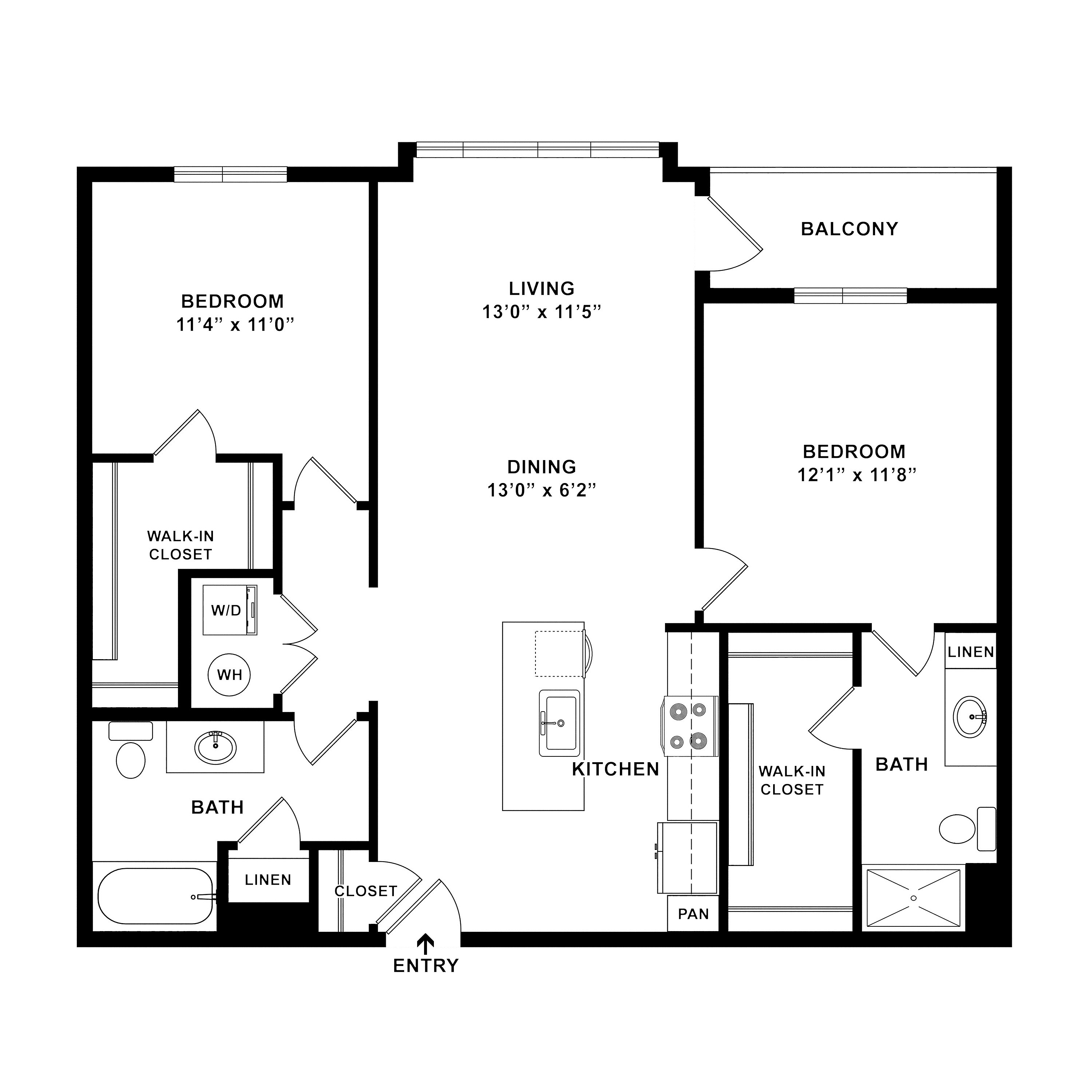 Modern 2-bedroom apartment floor plan with spacious living area, open-concept kitchen, two baths, and a private balcony.