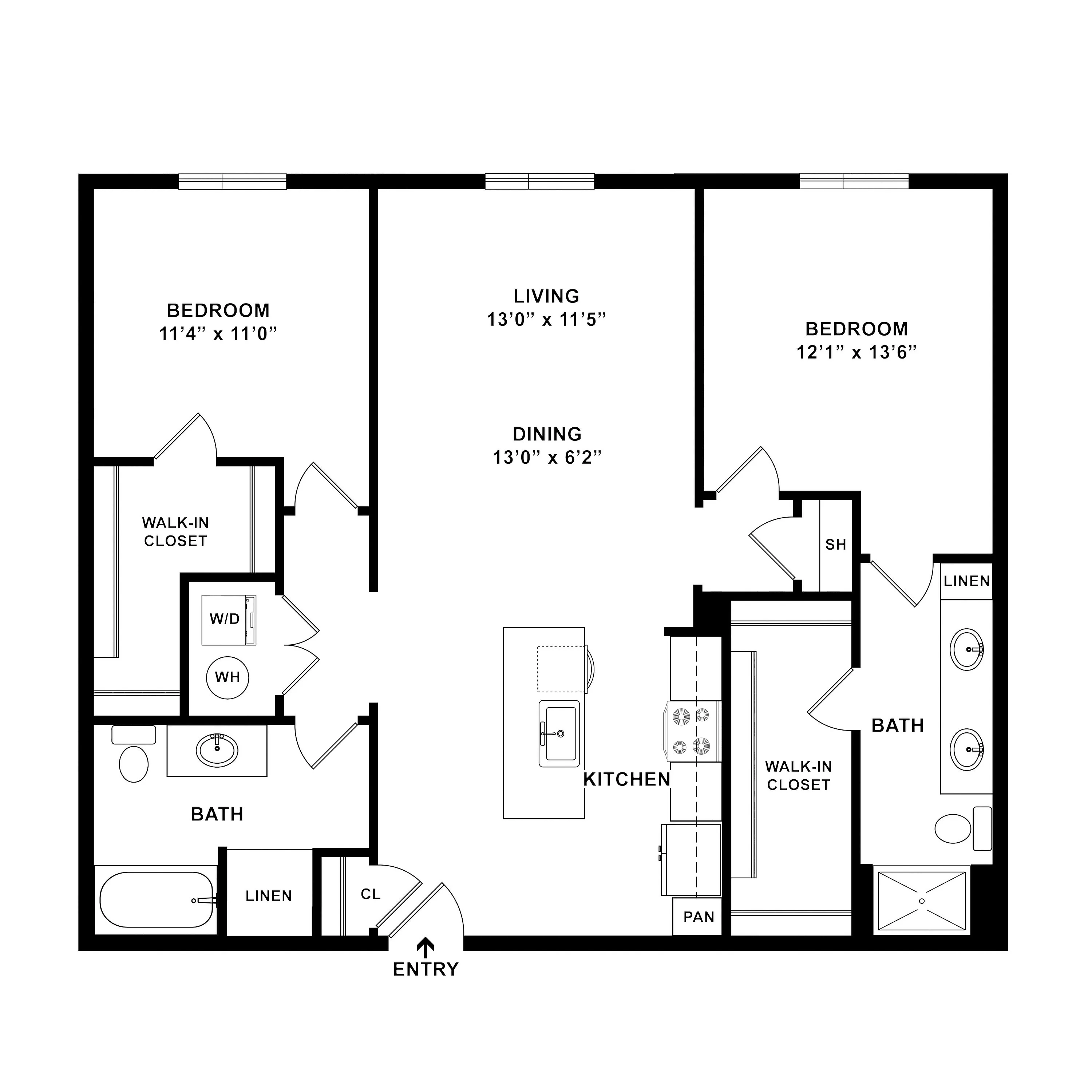 Modern floor plan showcasing 2 spacious bedrooms, a bright living room, dining area, and sleek kitchen with an island. Includes walk-in closets and luxurious bathrooms.