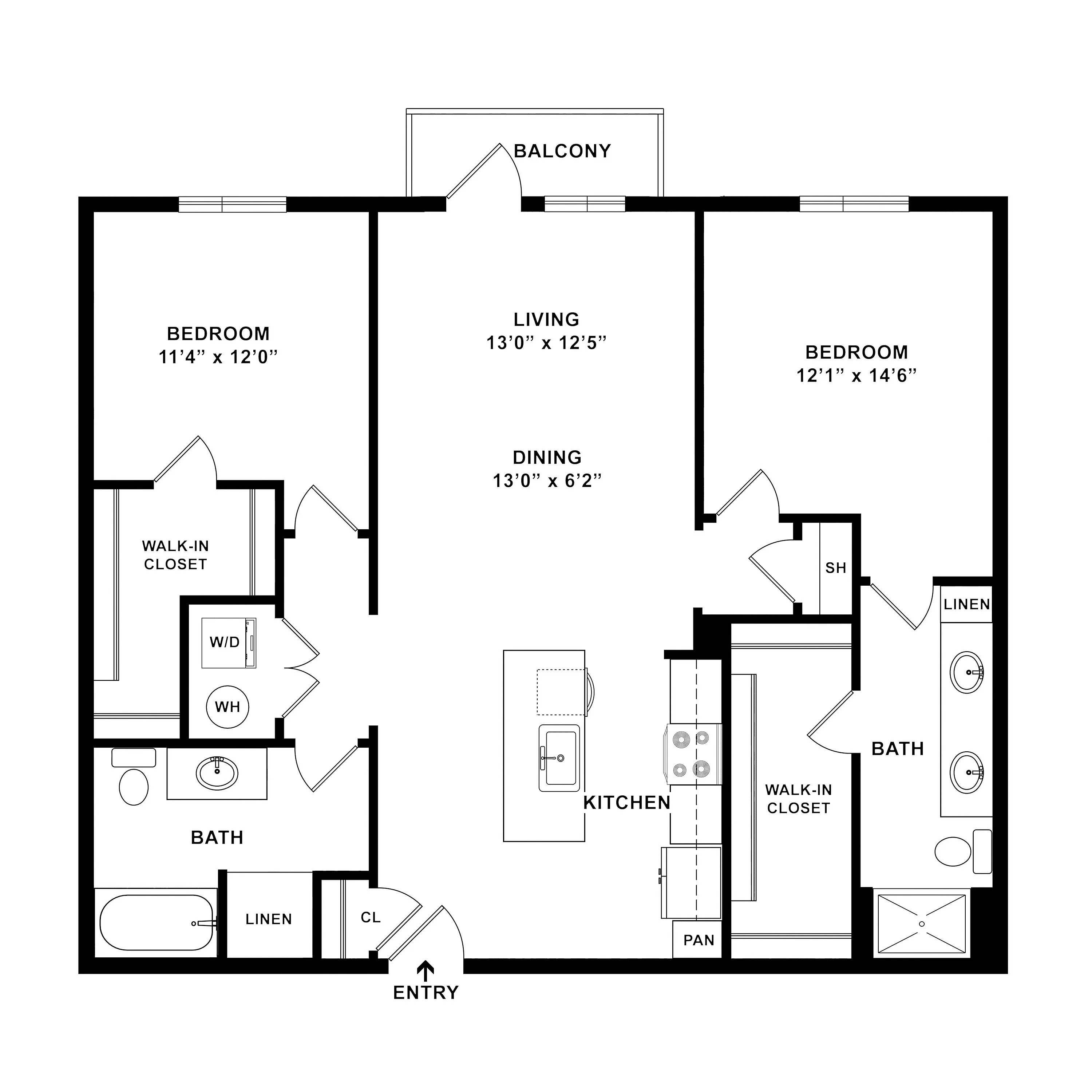 Elegant floor plan showcasing 2 bedrooms with walk-in closets, spacious living and dining areas, modern kitchen with island, and two bathrooms, complemented by a balcony for relaxing views.