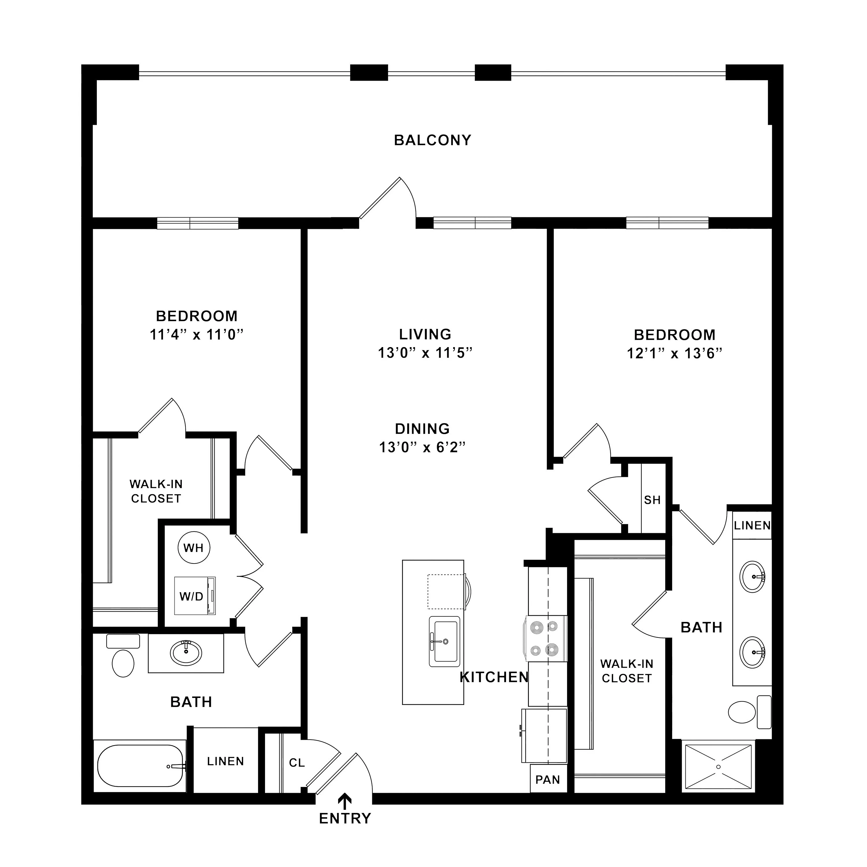 Elegant floor plan showcasing 2 spacious bedrooms with walk-in closets, a modern kitchen with an island, open living and dining area, and a sizeable balcony for outdoor relaxation.