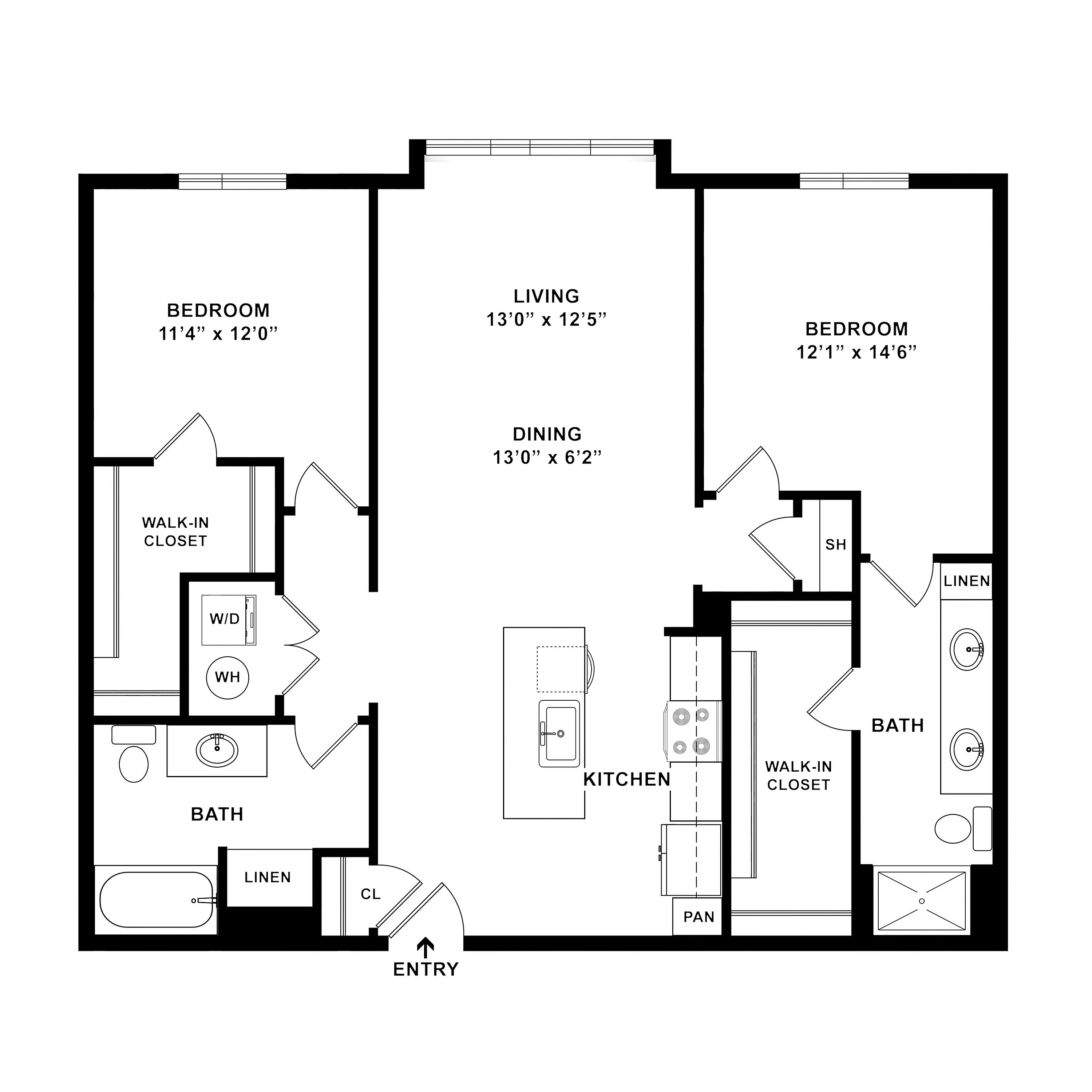 Modern floor plan showcasing two bedrooms with walk-in closets, an open living and dining area, a contemporary kitchen with an island, and two stylish bathrooms.