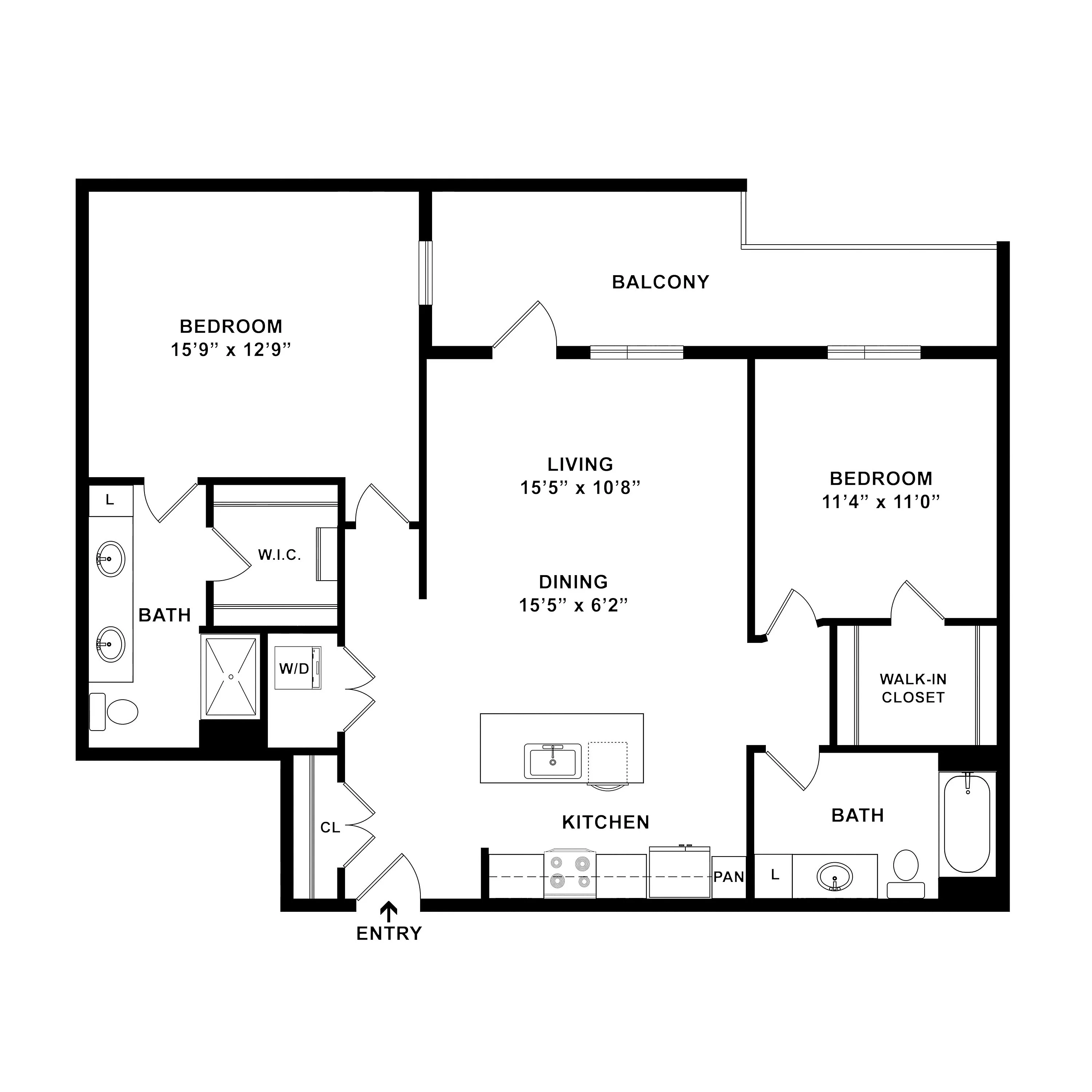 Contemporary floor plan featuring 2 spacious bedrooms, modern kitchen, open living and dining area, balcony, and convenient walk-in closets.