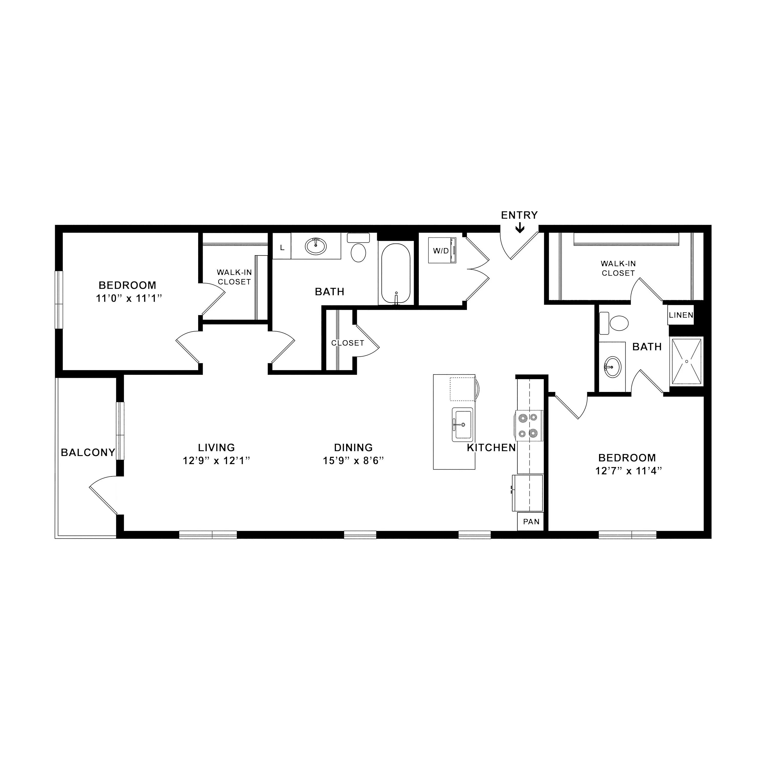 Modern floor plan showcasing 2 spacious bedrooms with walk-in closets, an open-concept living and dining area, and a stylish kitchen, complete with a balcony and two bathrooms.