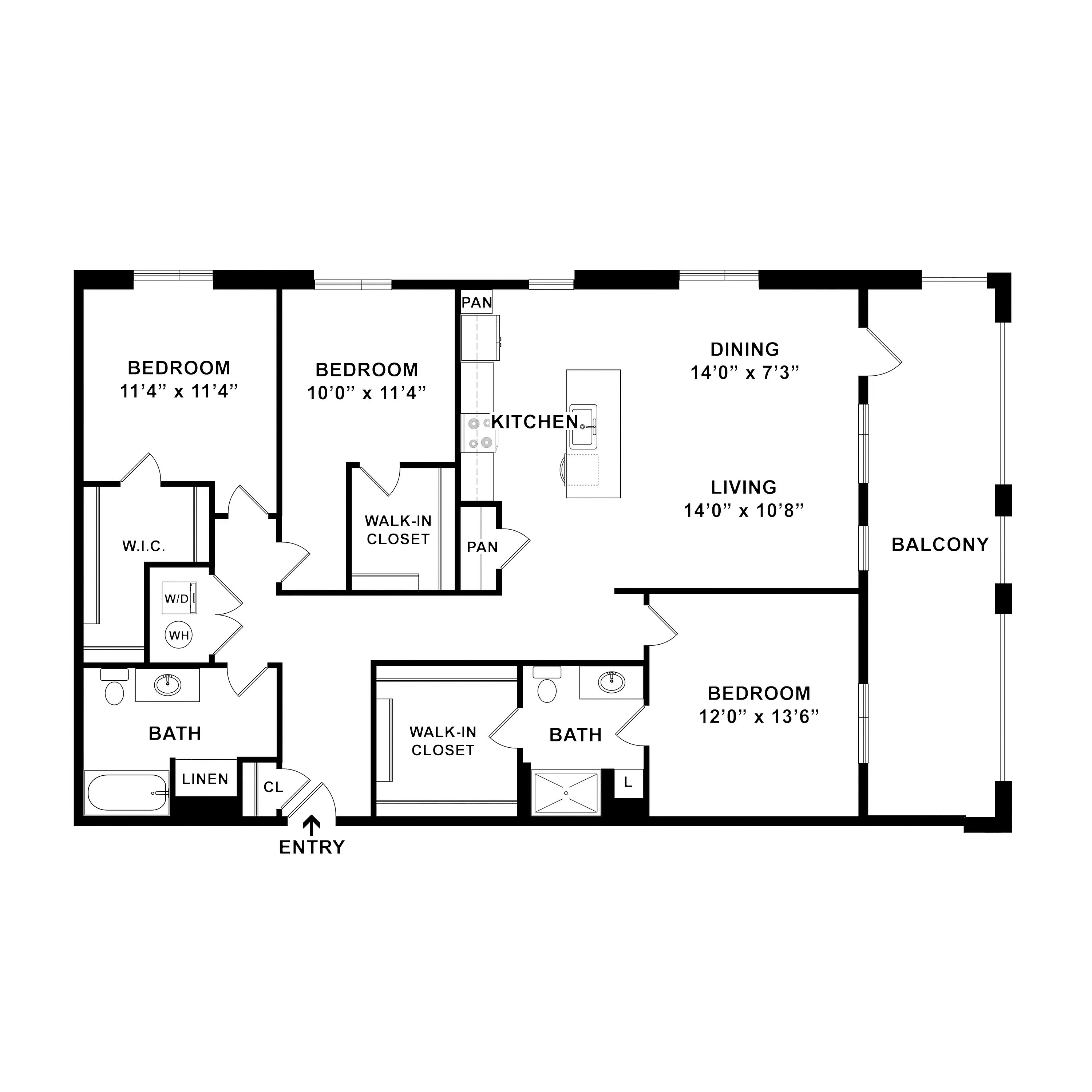 Elegant 3-bedroom floor plan featuring a contemporary kitchen, open dining and living area, two bathrooms, walk-in closets, and a charming balcony for outdoor relaxation.
