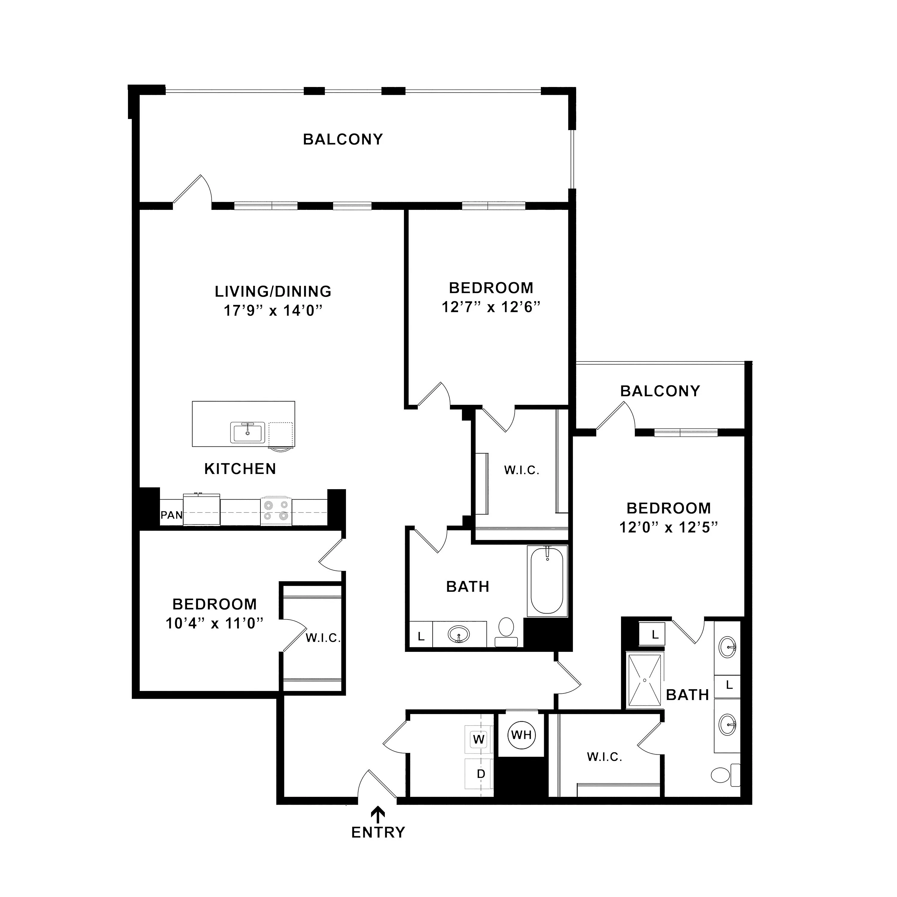 Spacious apartment floor plan featuring 3 bedrooms, two bathrooms, open living/dining area, modern kitchen, and dual balconies.