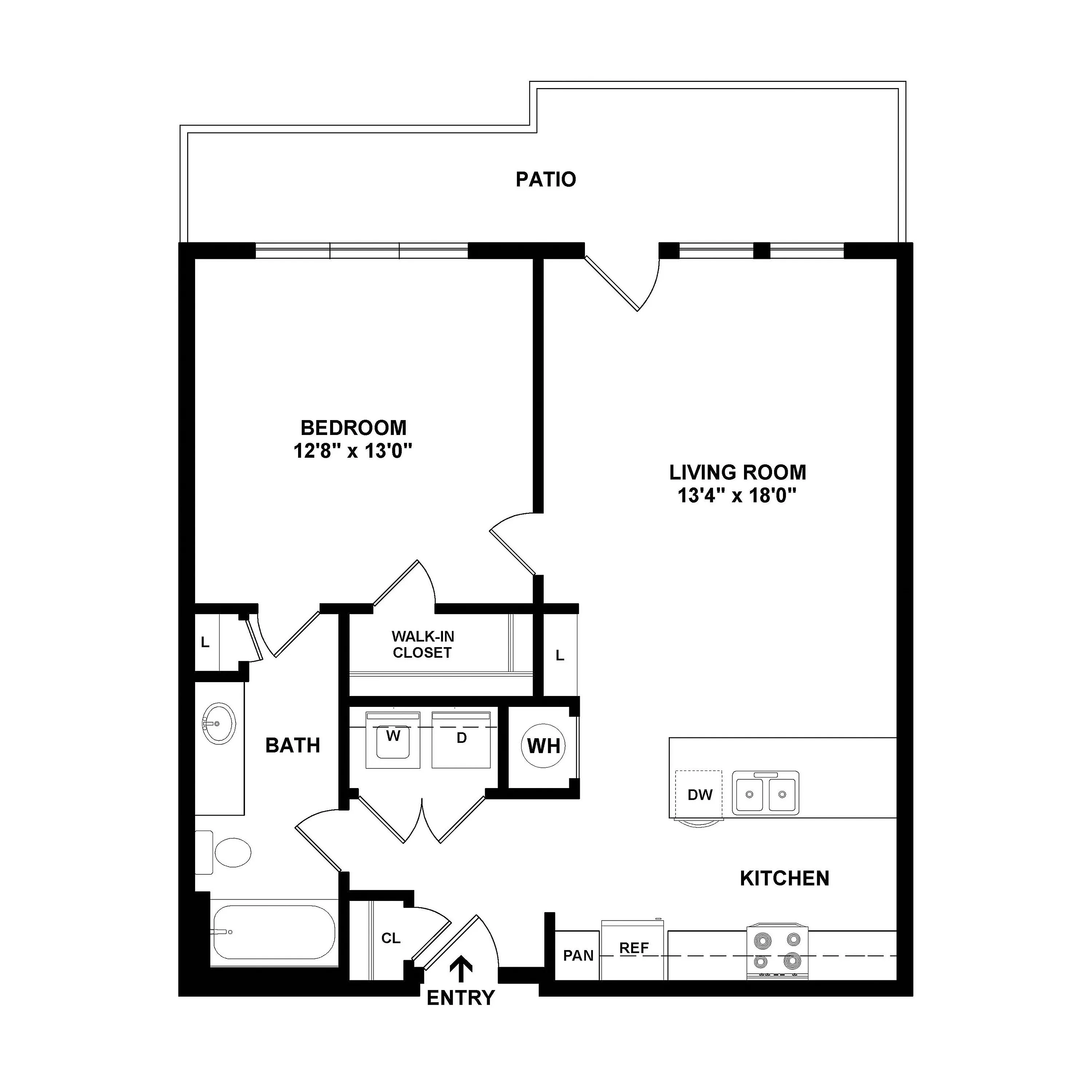 Modern floor plan featuring a spacious bedroom, large living room, and well-equipped kitchen with patio access.