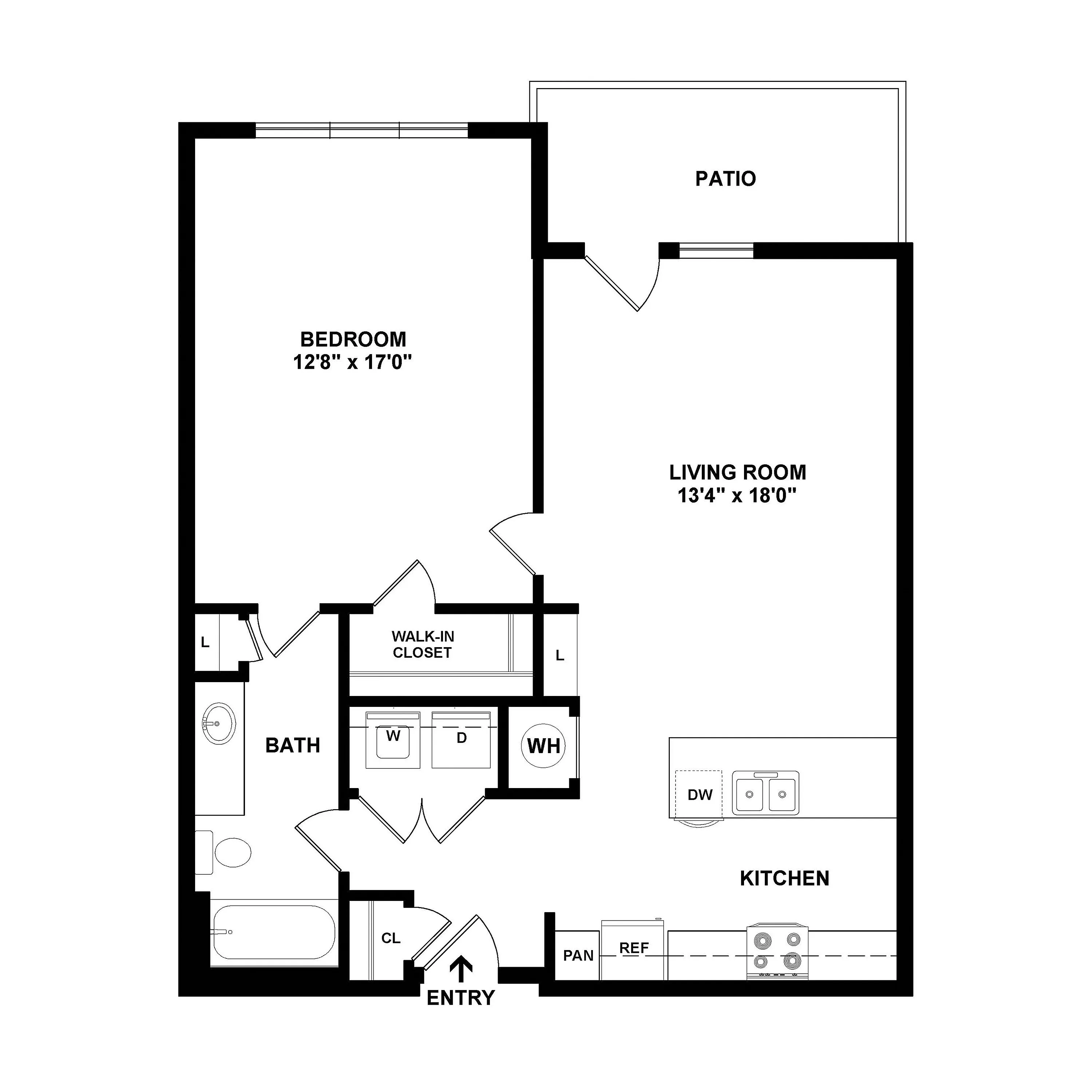 Modern floor plan showcasing a spacious 1 bedroom layout with a walk-in closet, elegant bathroom, large living room opening to a patio, and a stylish kitchen.