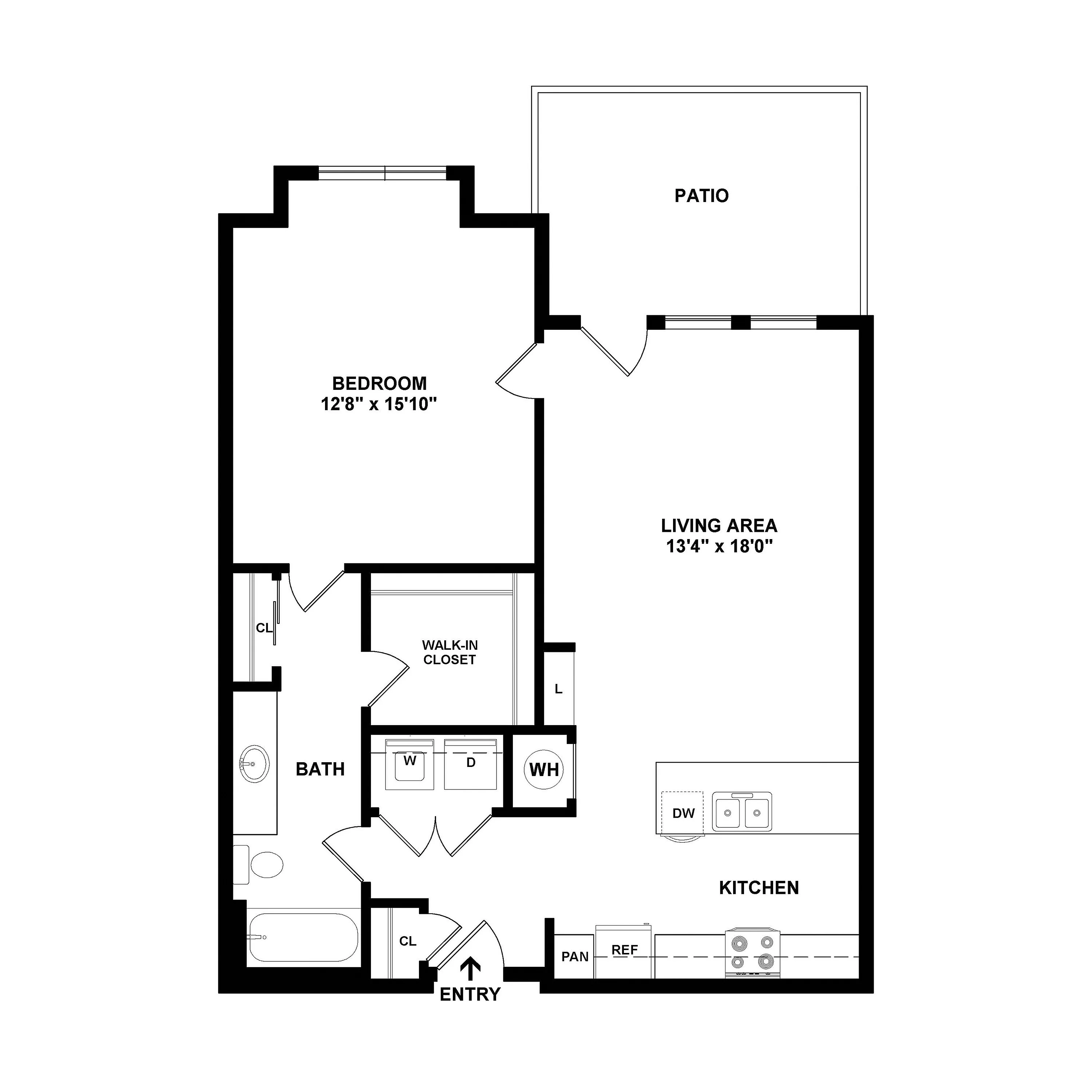 Modern floor plan featuring a spacious bedroom, open living area, well-equipped kitchen, and a cozy patio.