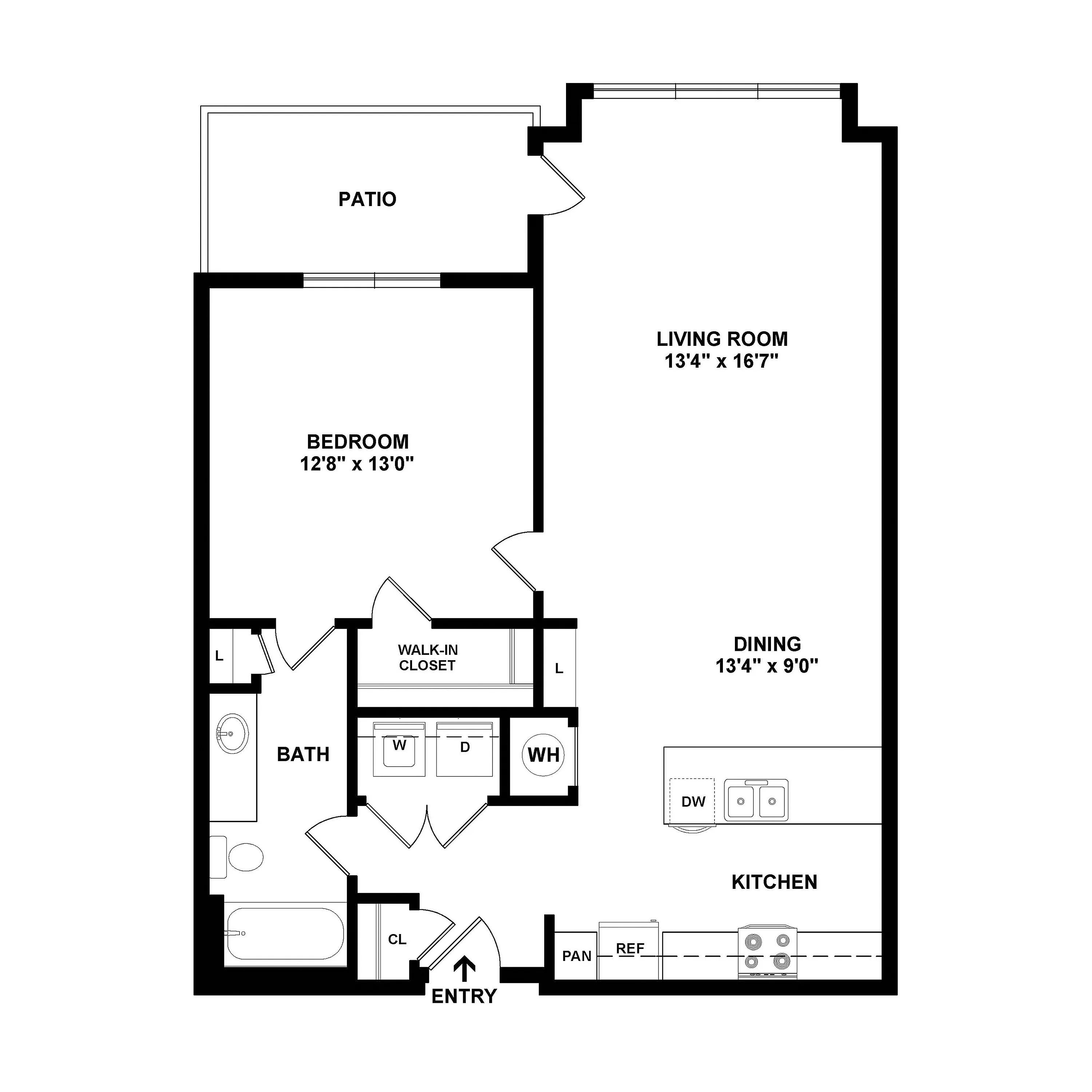 Modern 1-bedroom apartment floor plan featuring spacious living and dining areas, a stylish kitchen, walk-in closet, and private patio.