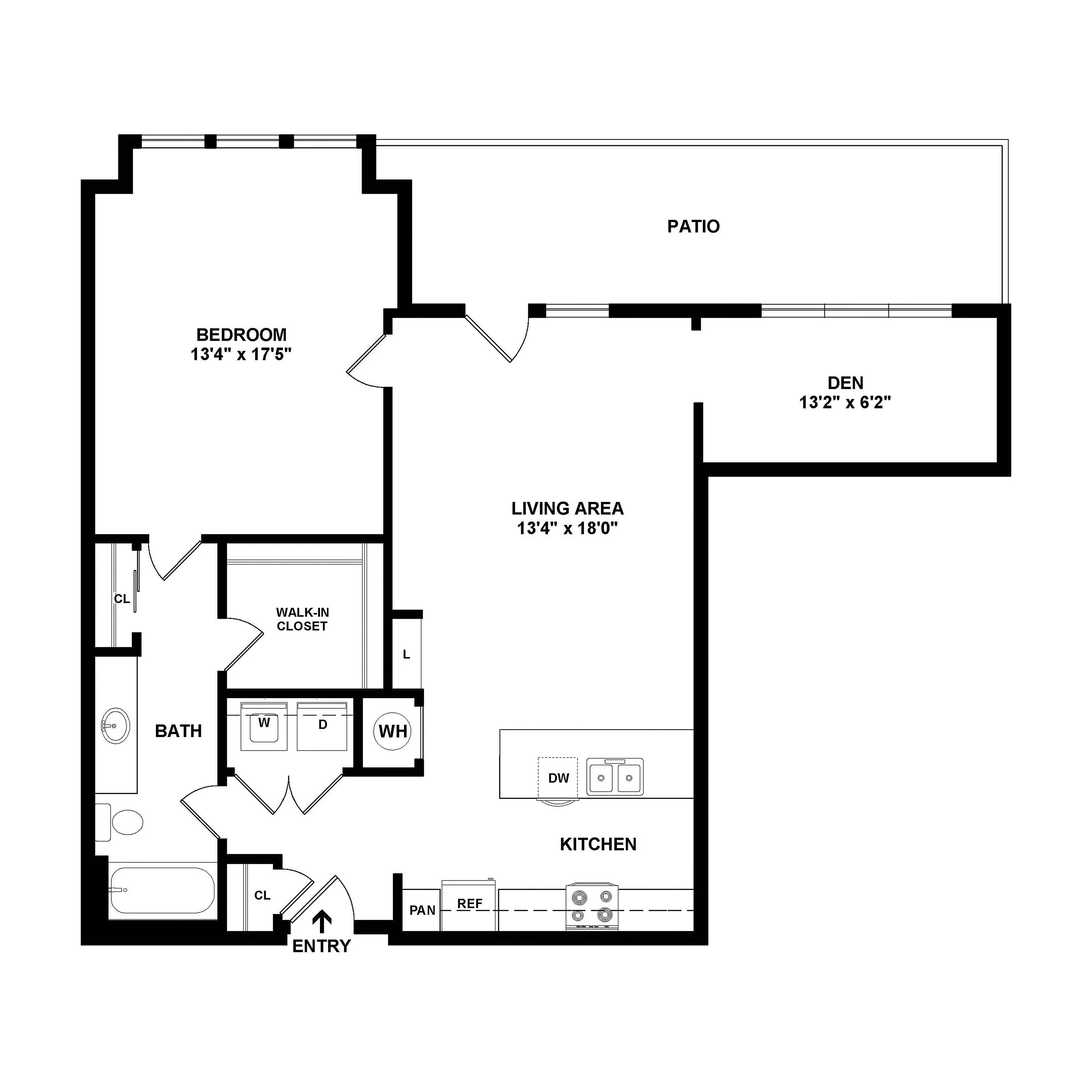 Sophisticated 2D floor plan with expansive bedroom, open living area, modern kitchen, and private patio.