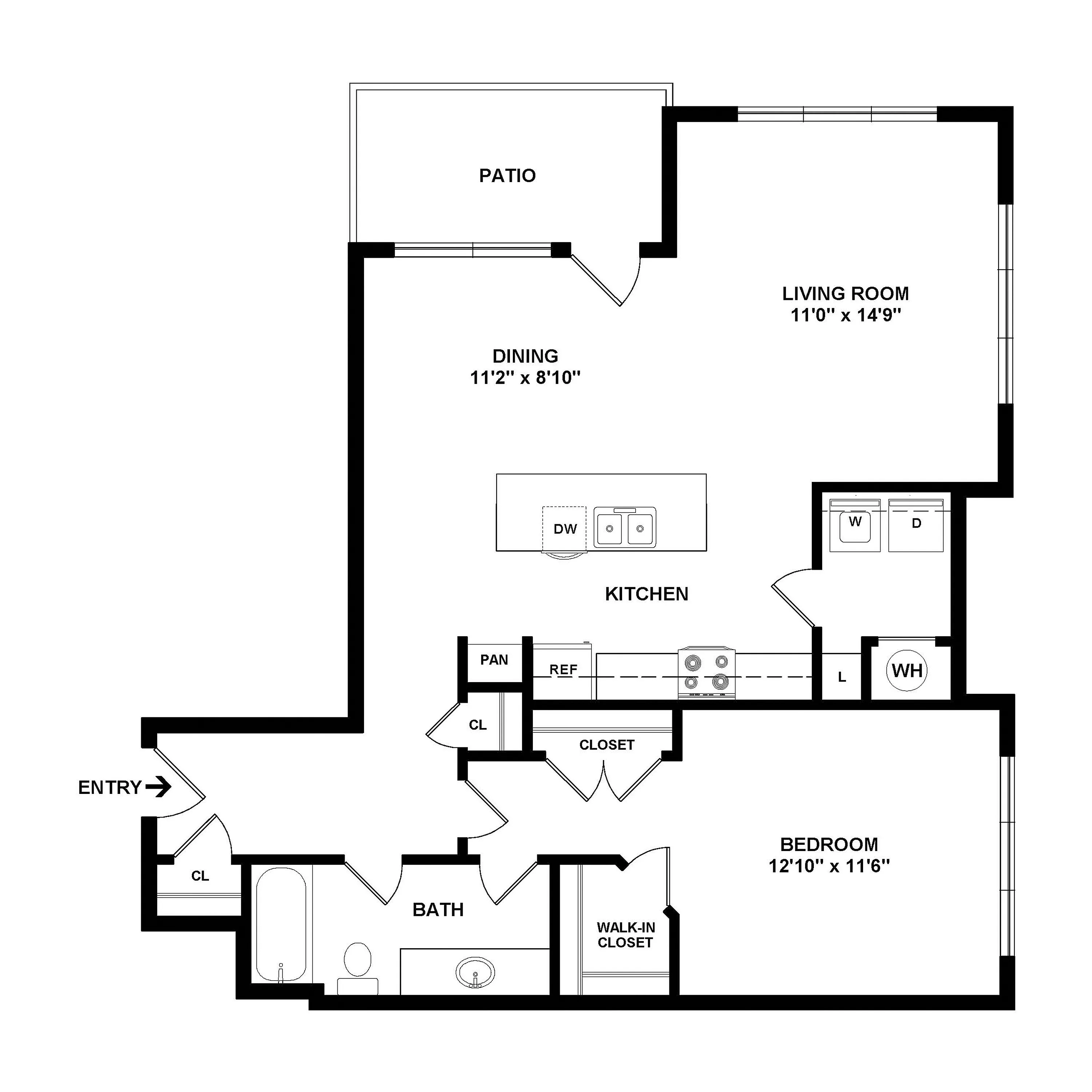 Modern floor plan showcasing a spacious living room, open kitchen with island, dining area, cozy bedroom with walk-in closet, and stylish bath, leading to a private patio.