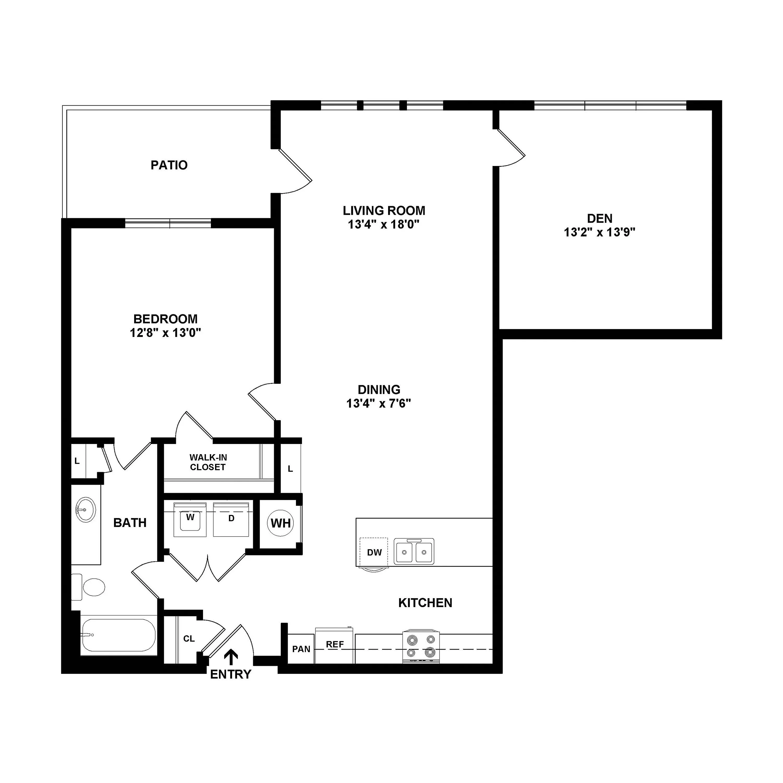 Inviting floor plan featuring 1 bedroom, a spacious living room, den, and convenient kitchen with dining area, complemented by a private patio.