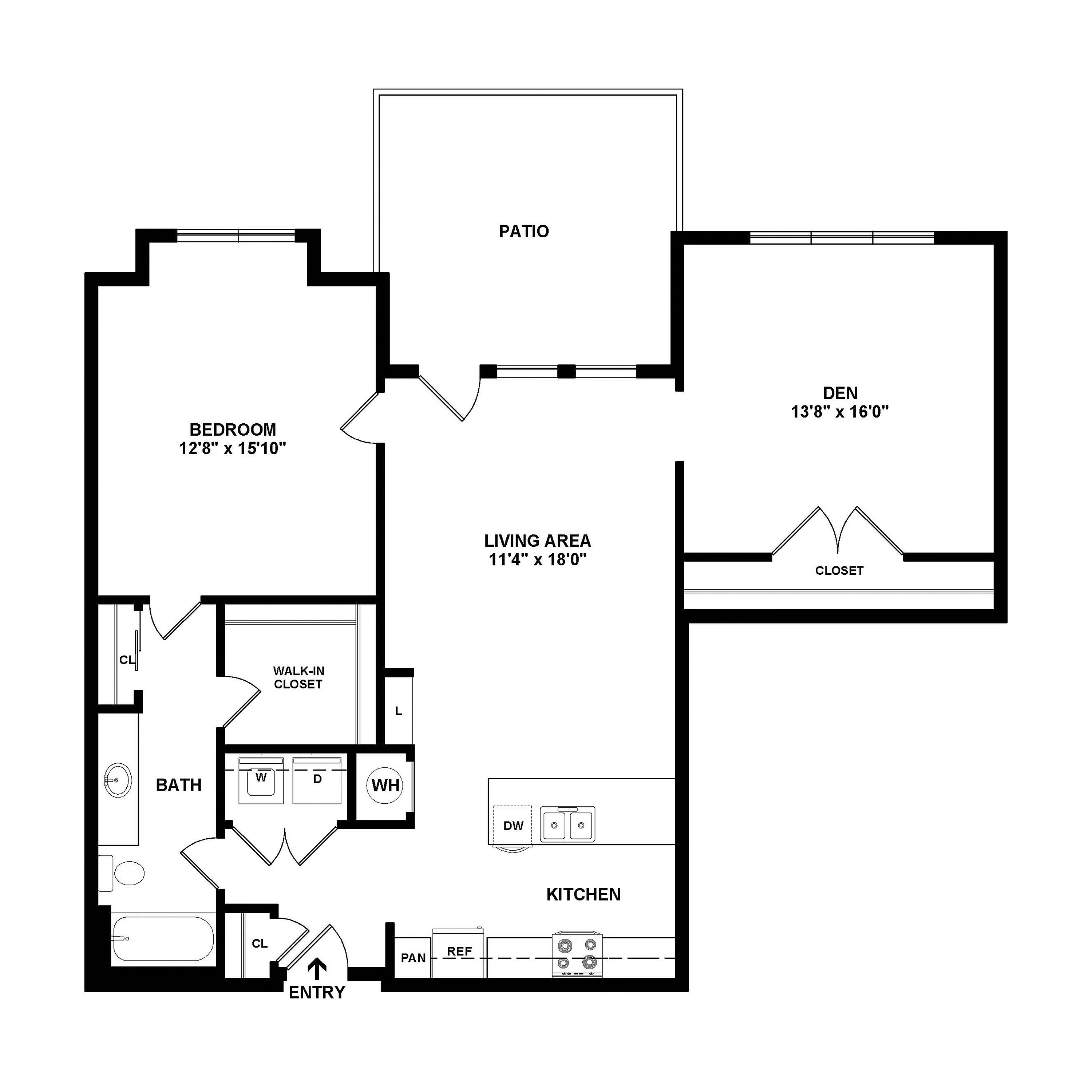 Modern floor plan featuring 1 bedroom, spacious den, and open living area with kitchen and patio access.
