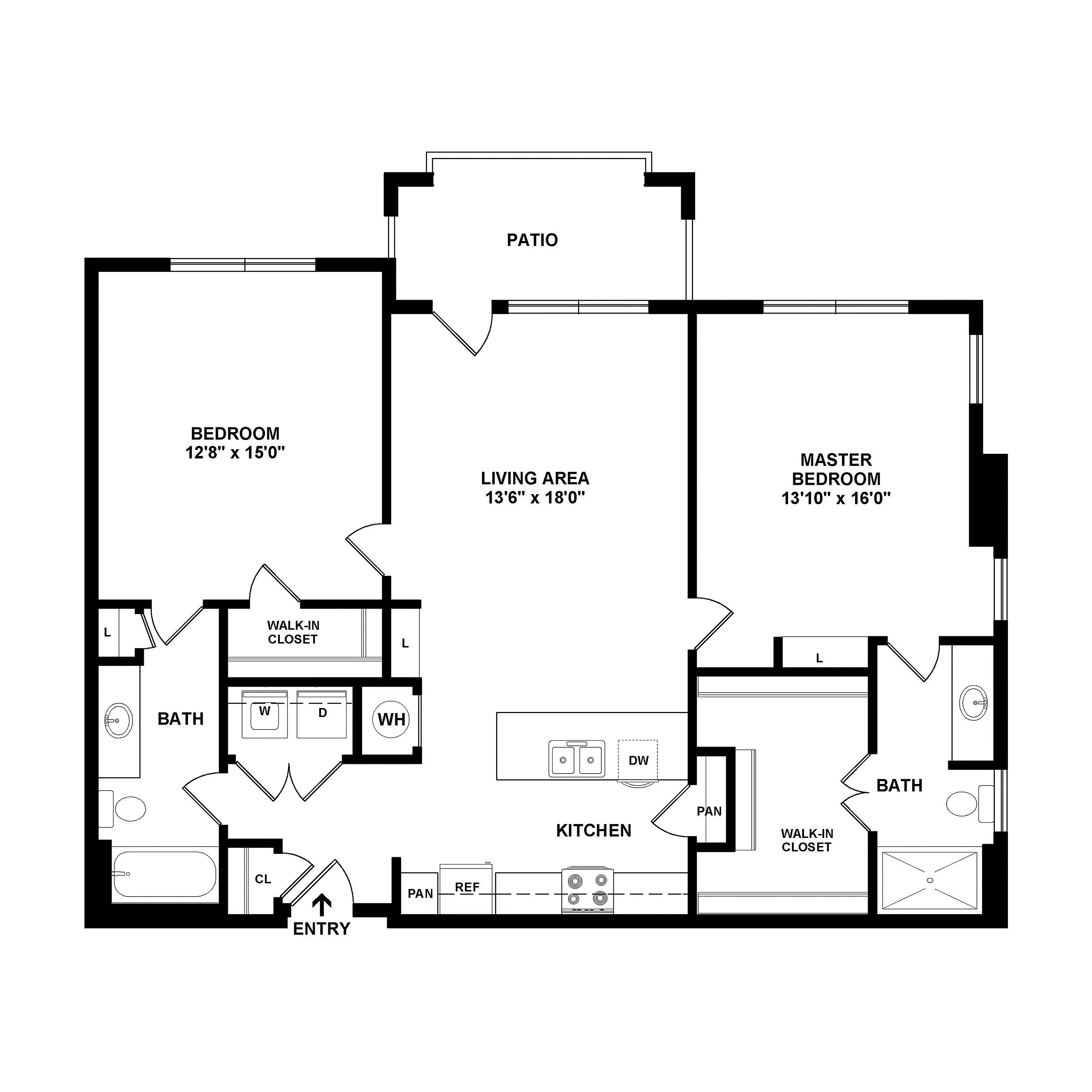 Chic floor plan showcasing 2 bedrooms, a spacious living area, modern kitchen, and private patio.