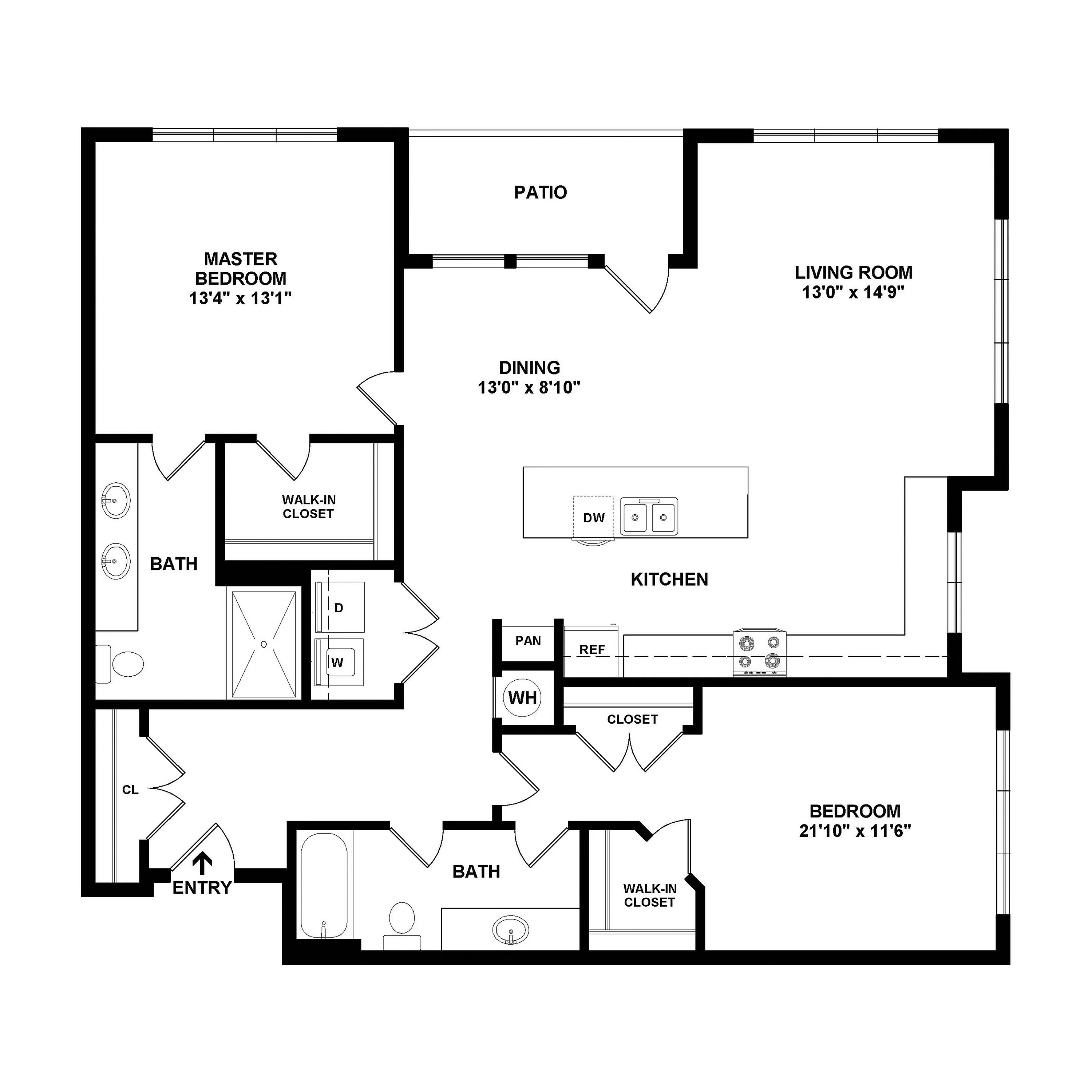 Modern floor plan featuring a spacious master bedroom with walk-in closet, open-concept kitchen and living room, dining area, patio, and two elegant bathrooms.