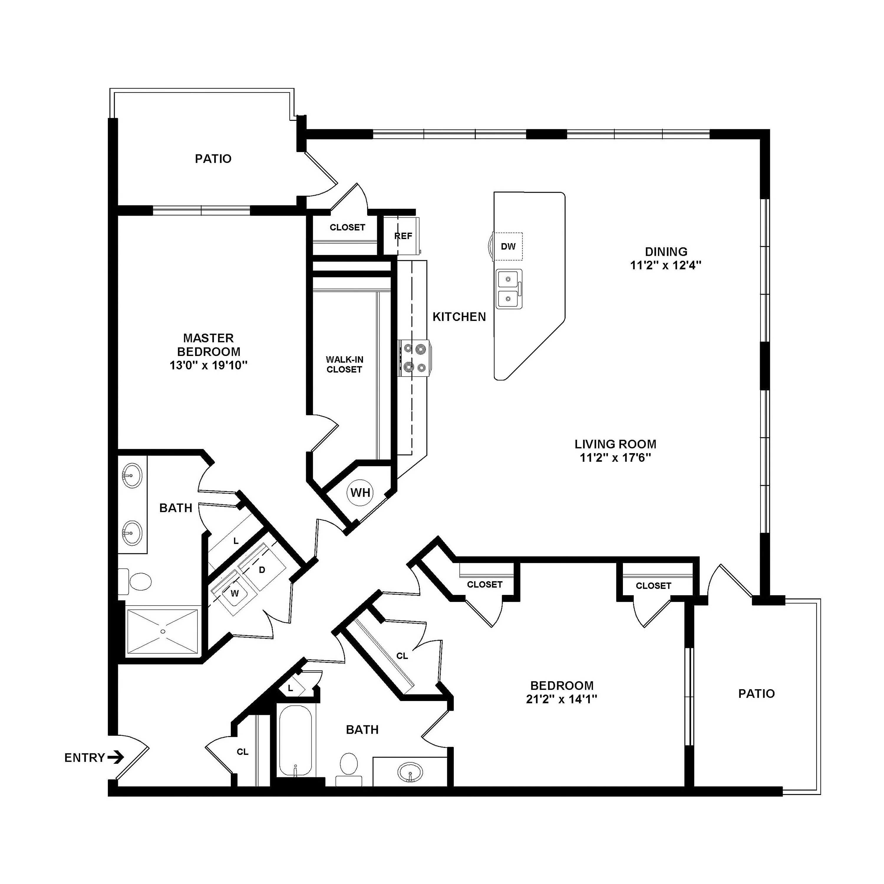 Contemporary floor plan featuring a spacious master bedroom with walk-in closet, open kitchen, and expansive living and dining area leading to a dual patio.