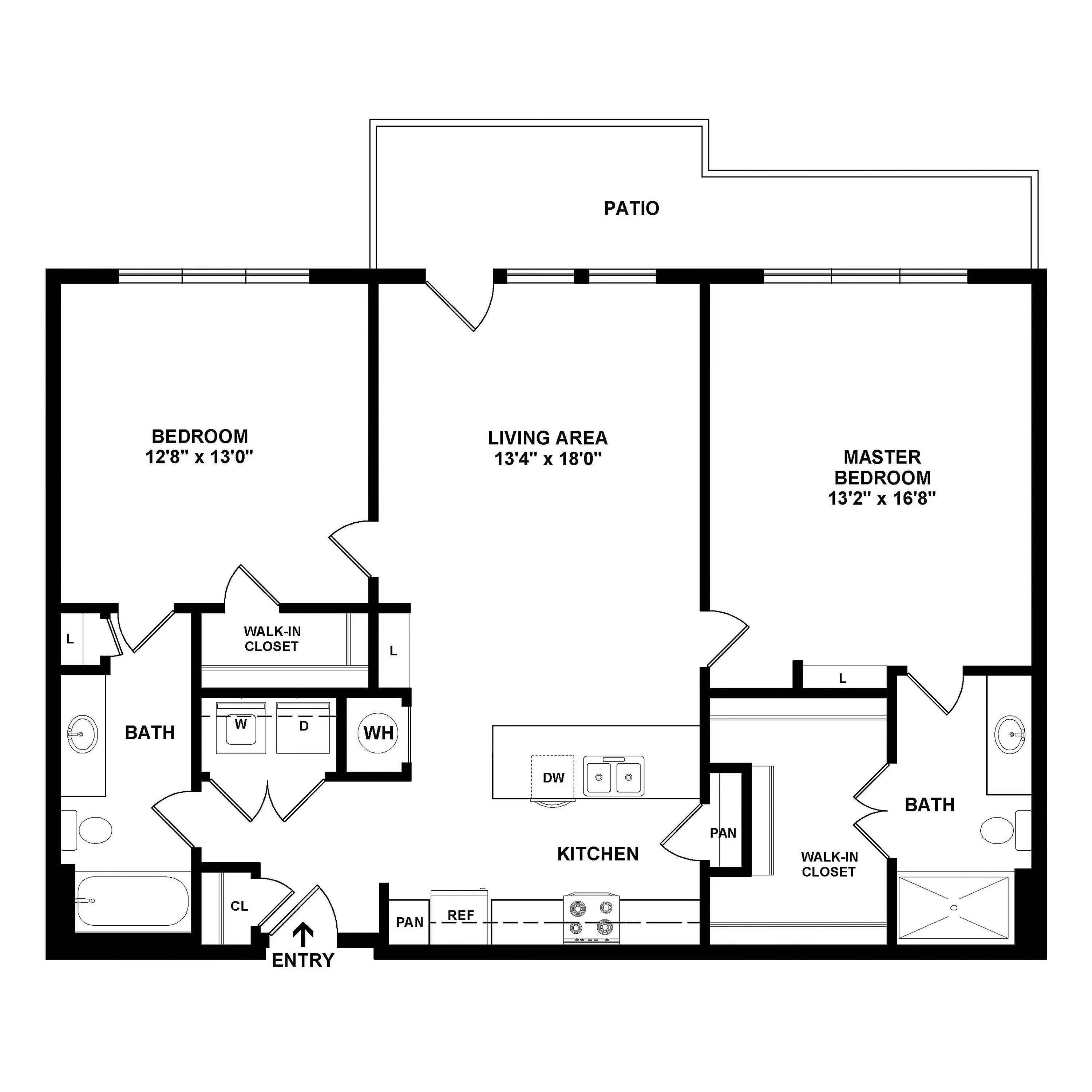 Modern floor plan showcasing a spacious 2-bedroom apartment with open living area, sleek kitchen, two bathrooms, and a private patio. Features include walk-in closets and convenient layout for comfortable living.