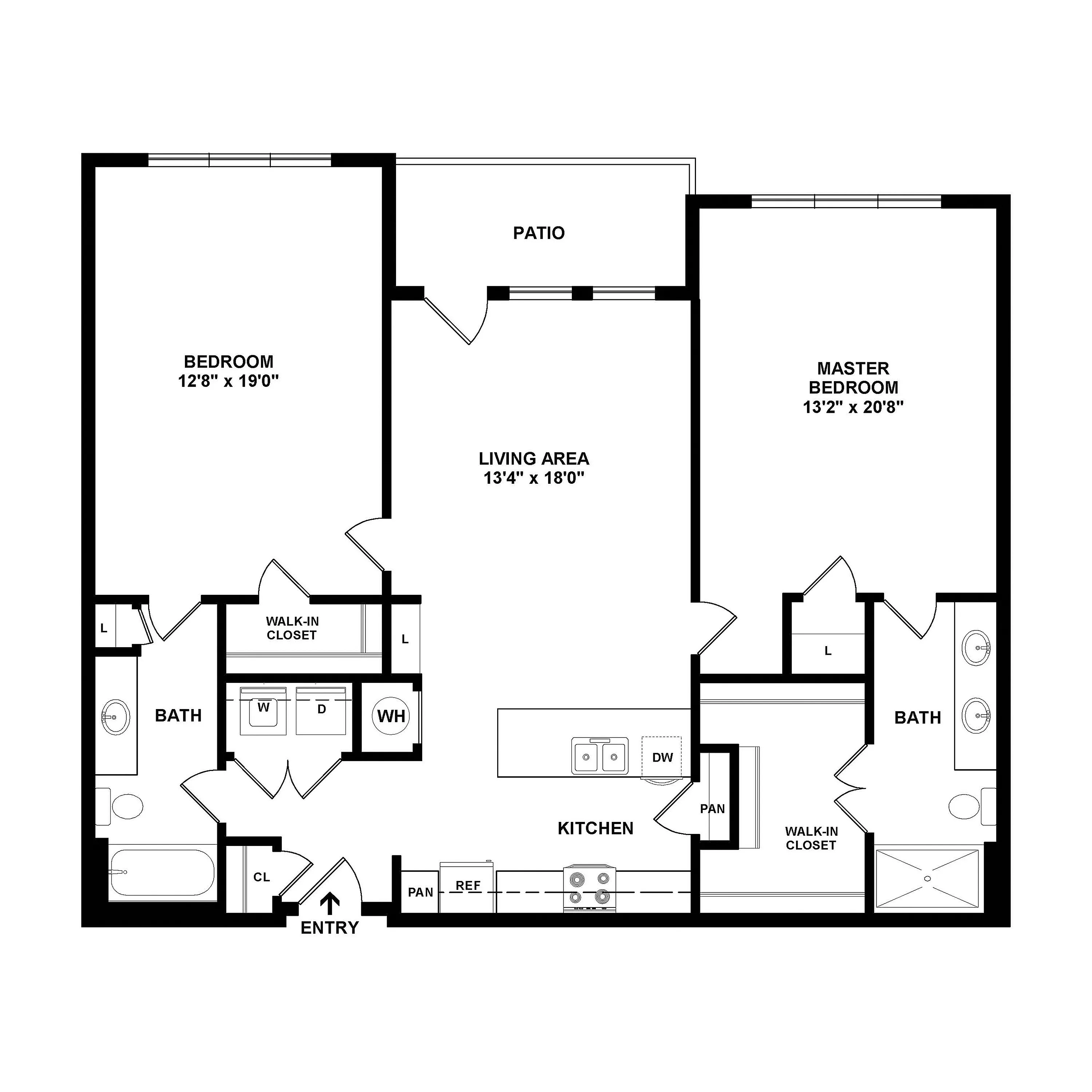 Modern floor plan showcasing a spacious 2-bedroom, 2-bath layout with open living area, gourmet kitchen, and private patio.