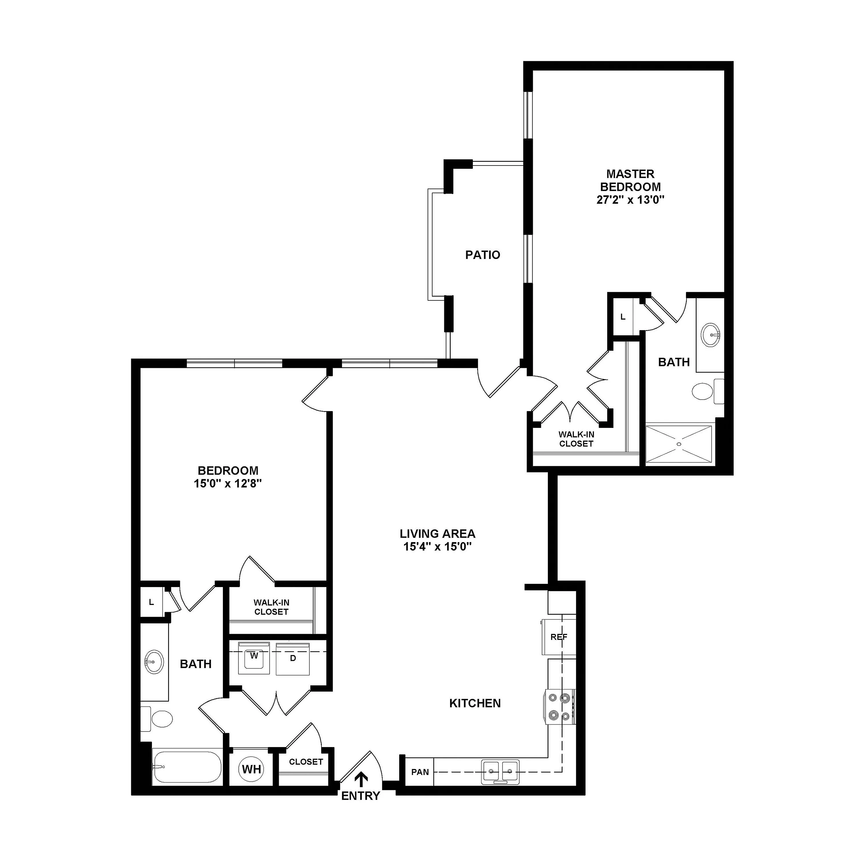 Modern floor plan showcasing two spacious bedrooms, open living area, and a sleek kitchen with a convenient patio access.