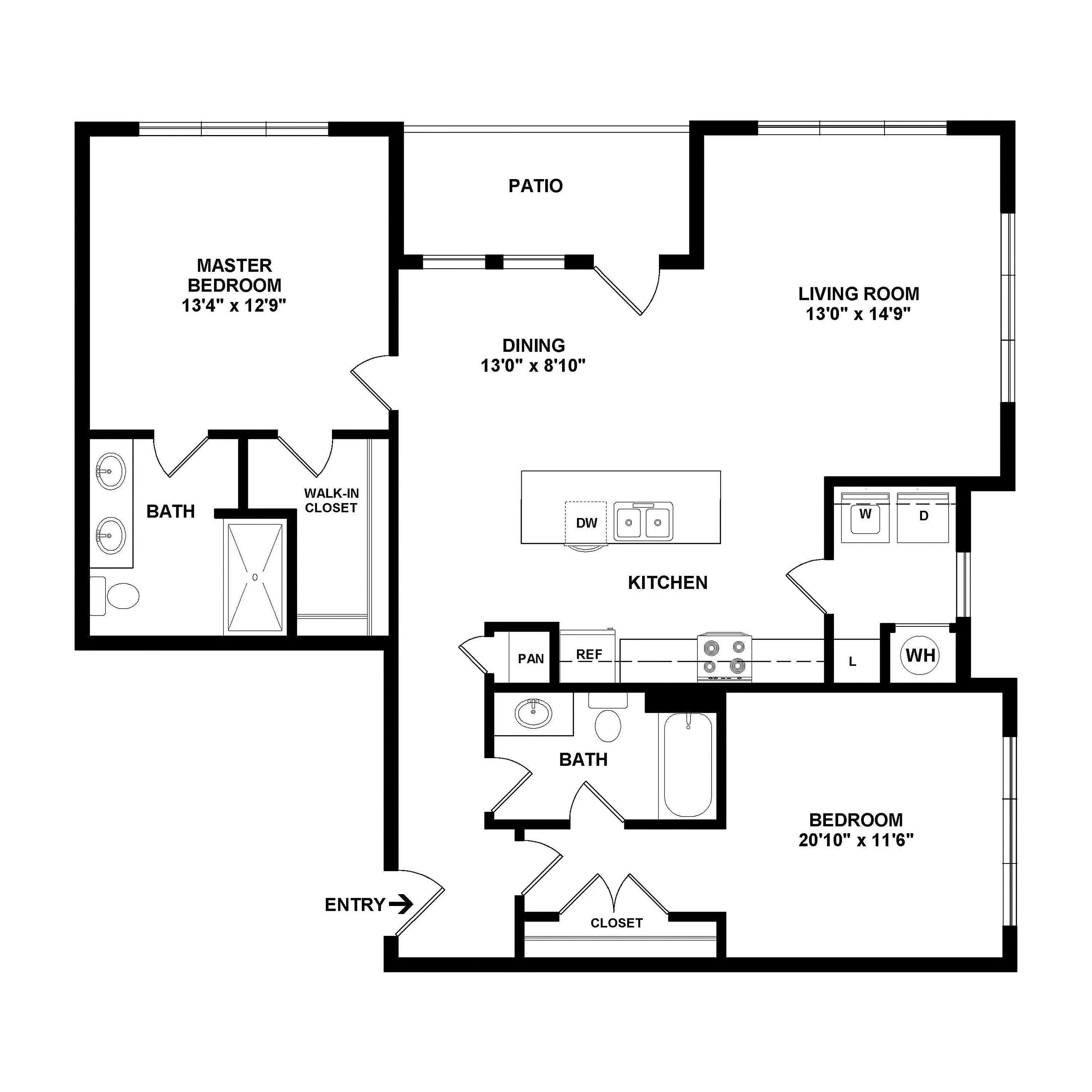 Elegant floor plan showcasing 2 bedrooms, 2 baths, spacious living room, modern kitchen with island, dining area, and private patio.
