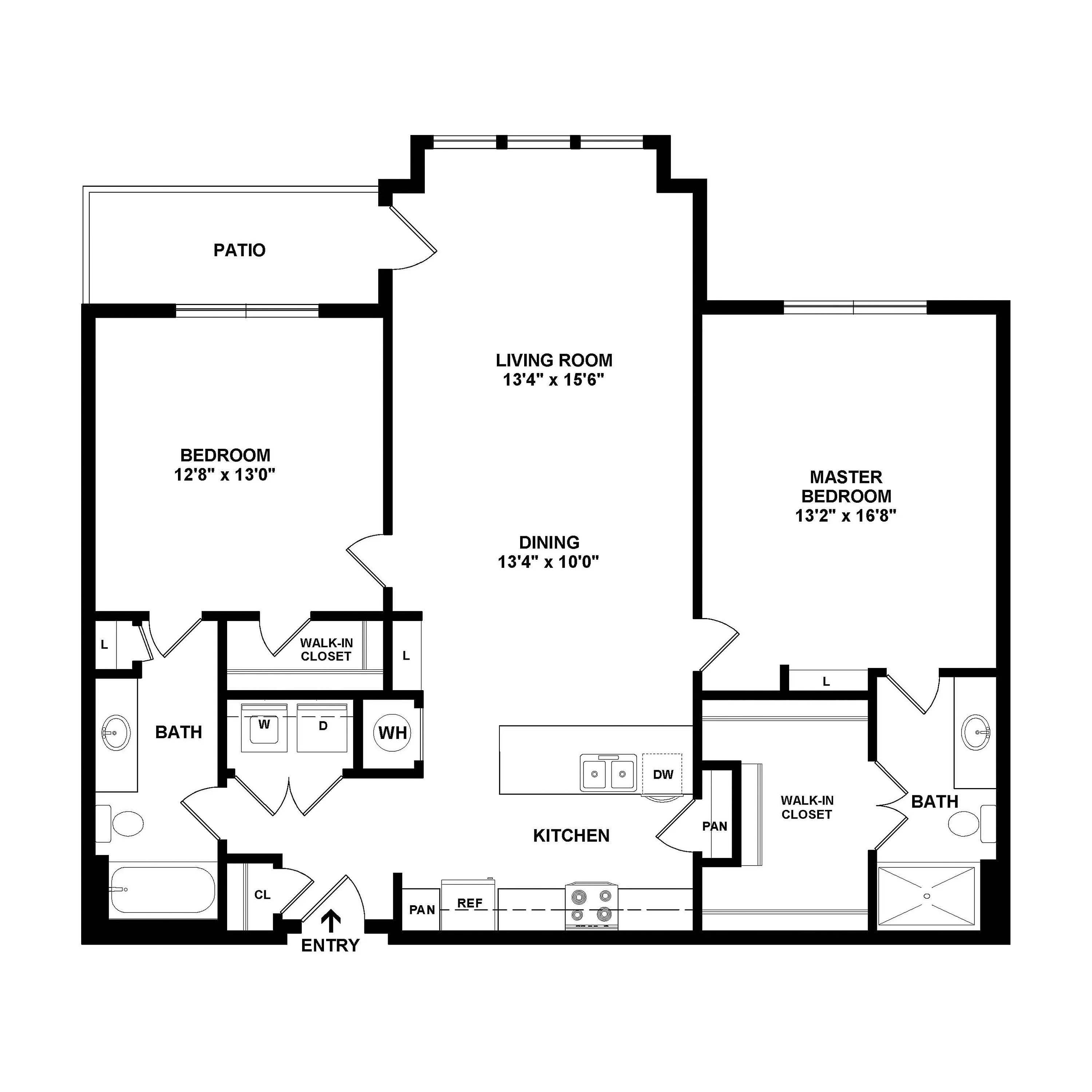 Elegant floor plan featuring two spacious bedrooms with walk-in closets, a modern kitchen with island, open dining and living area, and a cozy patio.