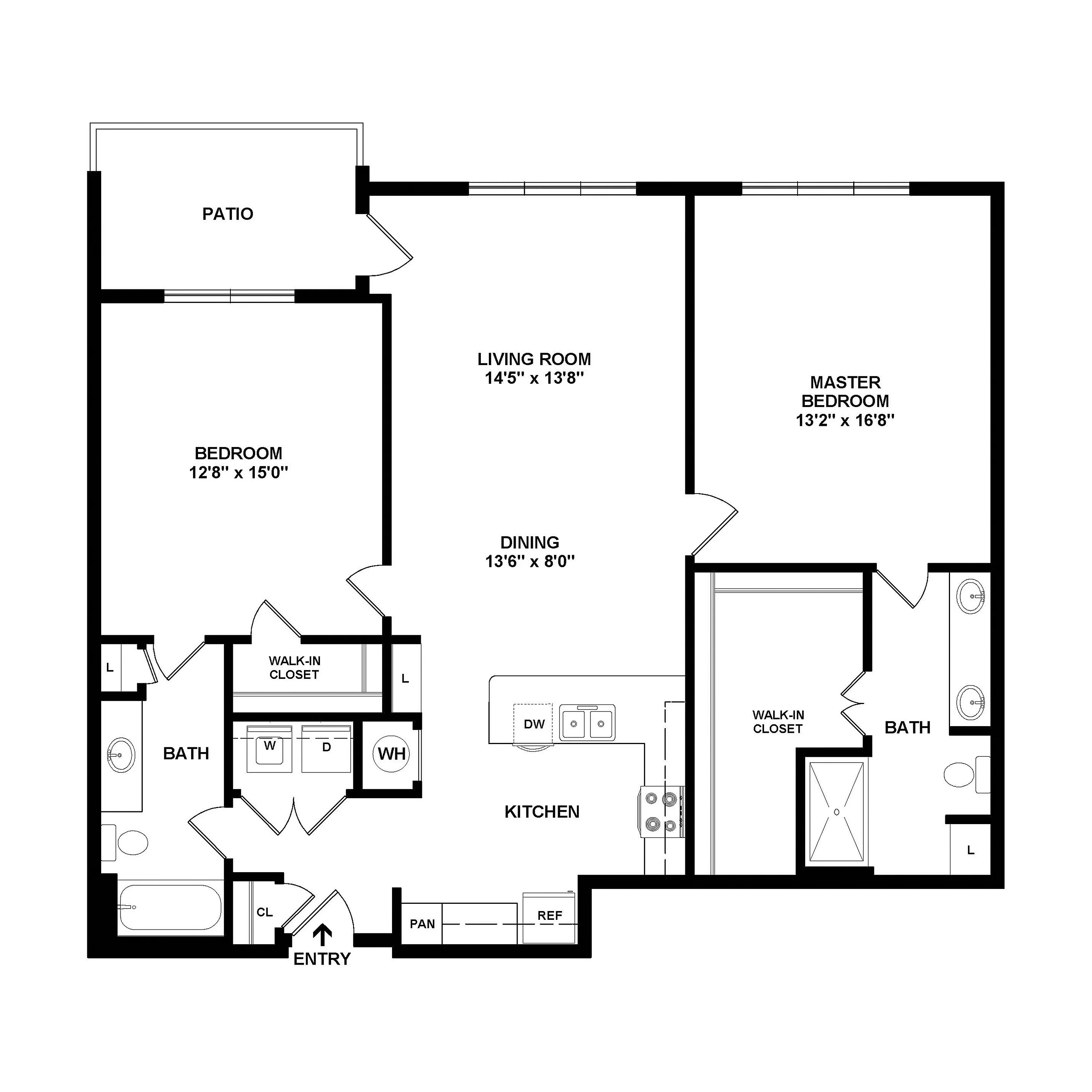 Modern floor plan showcasing 2 spacious bedrooms, including a master suite with walk-in closet, open living and dining area, functional kitchen, and a private patio.