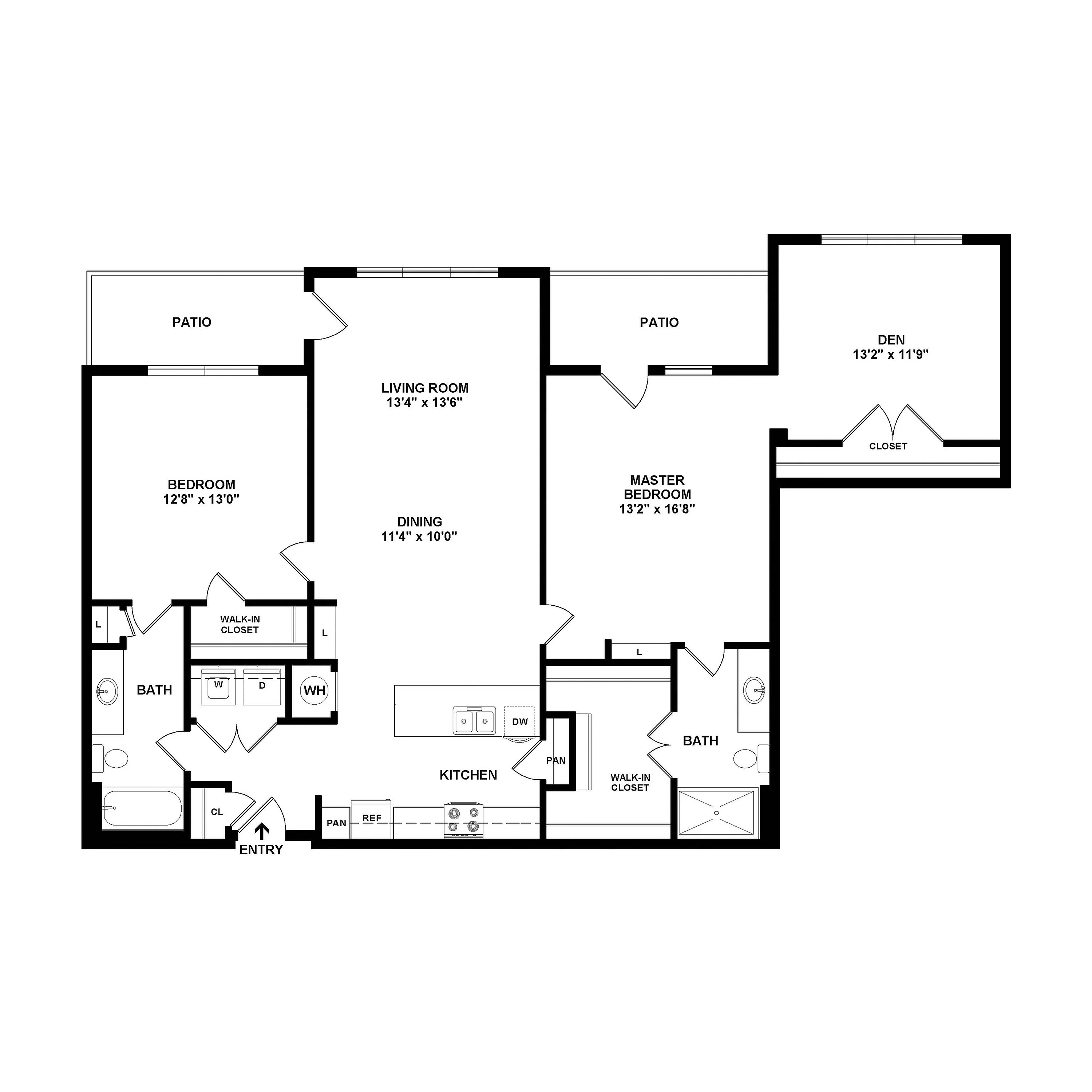 Expansive floor plan showcasing 2 bedrooms, a versatile den, and dual patios, complemented by a stylish open kitchen and generous living-dining area.