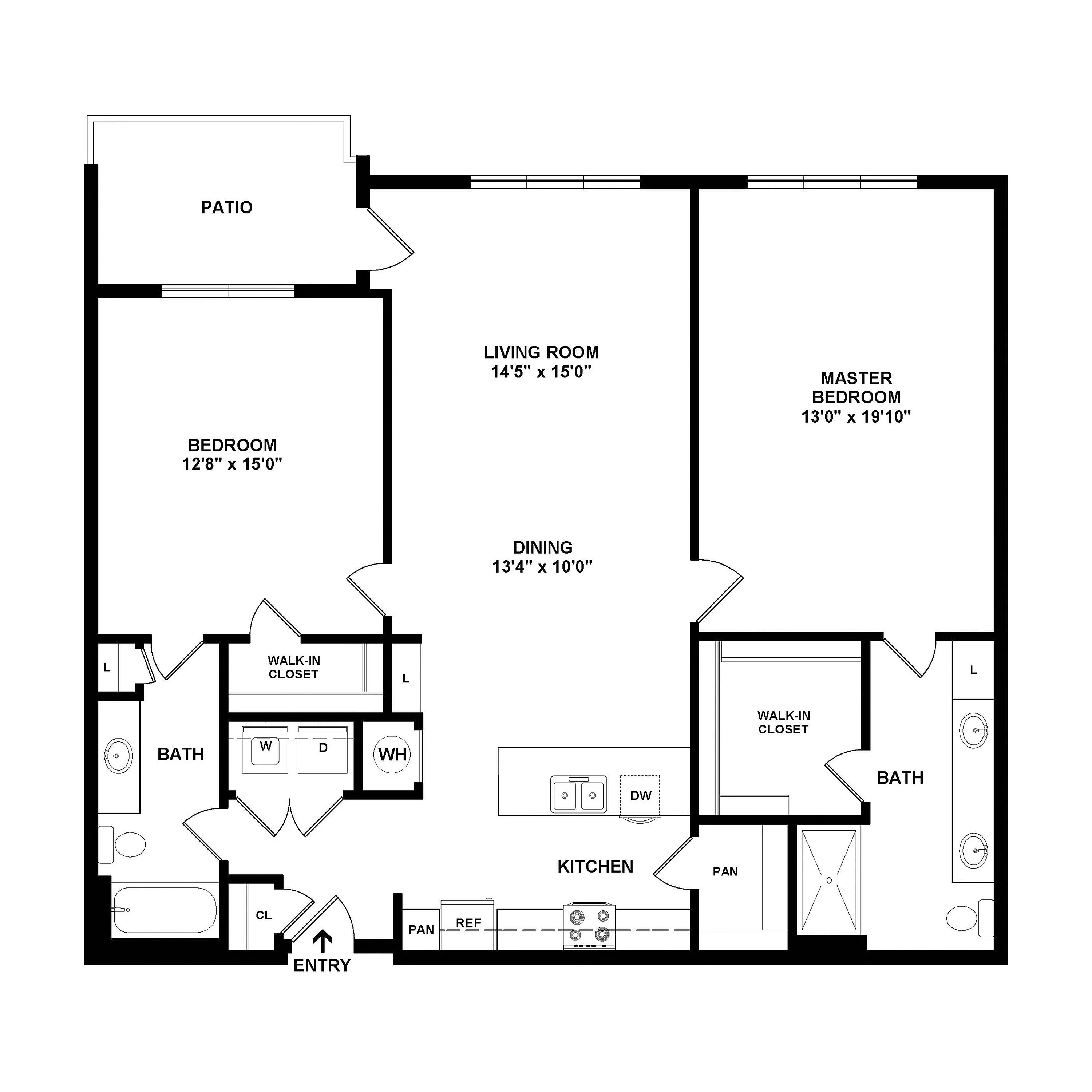 Contemporary floor plan showcasing a spacious layout with 2 bedrooms, 2 baths, a patio, and an open living-dining area. Includes a modern kitchen with island and walk-in closets.