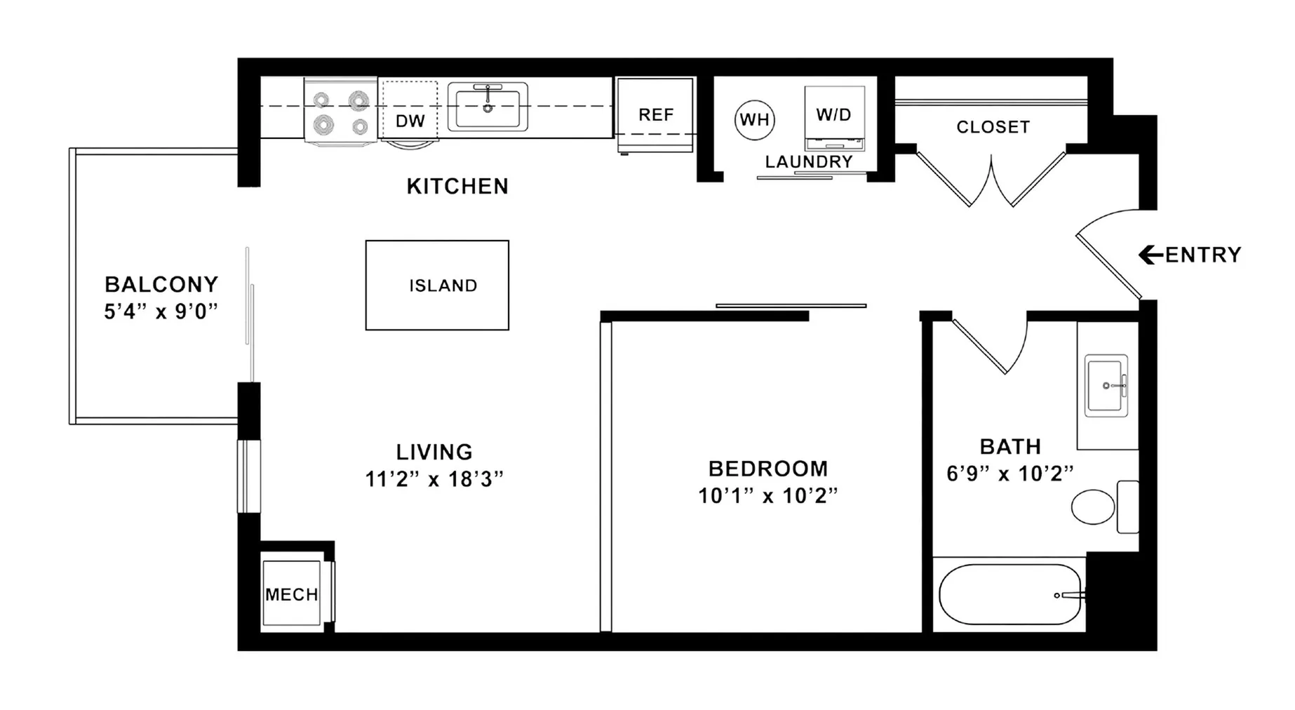 Modern floor plan layout featuring a single bedroom, open kitchen with island, cozy living area, and private patio.