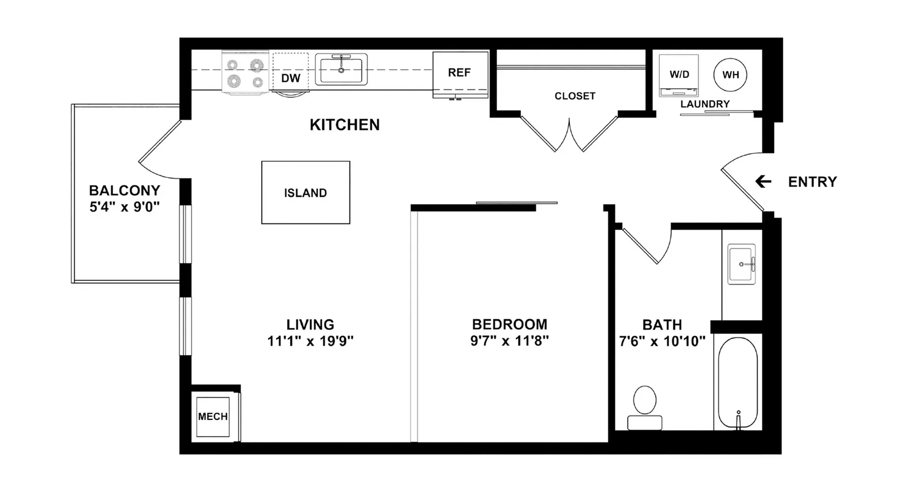 Modern floor plan showcasing one-bedroom apartment with open kitchen, cozy living area, and private balcony access. Includes laundry area and stylish bathroom.