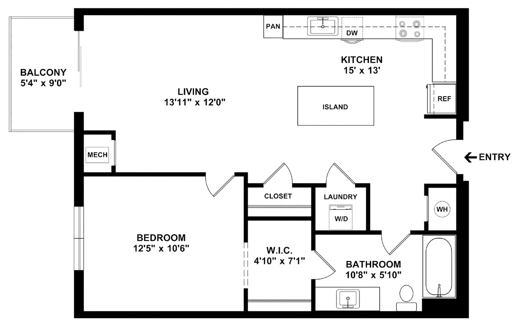 Modern floor plan showcasing 1 bedroom and 1 bathroom apartment with open-concept living area and sleek kitchen island, 737 sq ft.