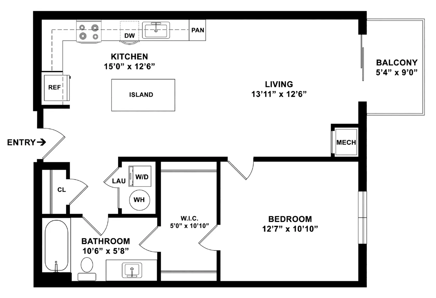 Modern 1-bedroom, 1-bathroom floor plan with open-concept living and kitchen area, including laundry space, measuring 753 sq ft.