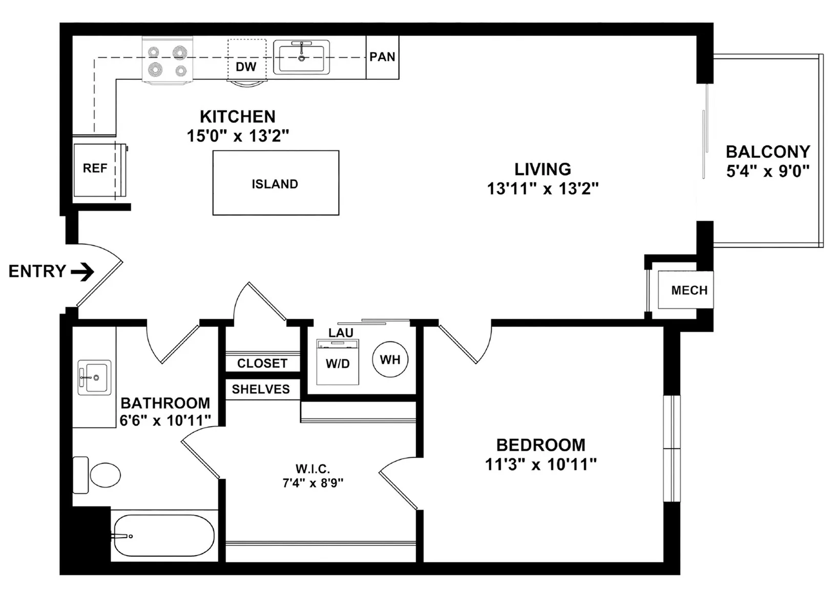 Modern 1-bedroom apartment floor plan with open living space, sleek kitchen with island, and private patio access, totaling 753 sq ft.