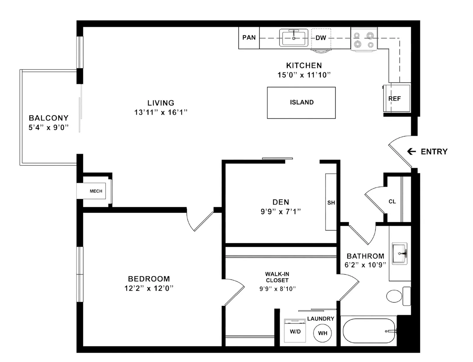 Elegant floor plan featuring 1 bedroom and a den, with modern kitchen and open living area, spanning 895 sq ft.