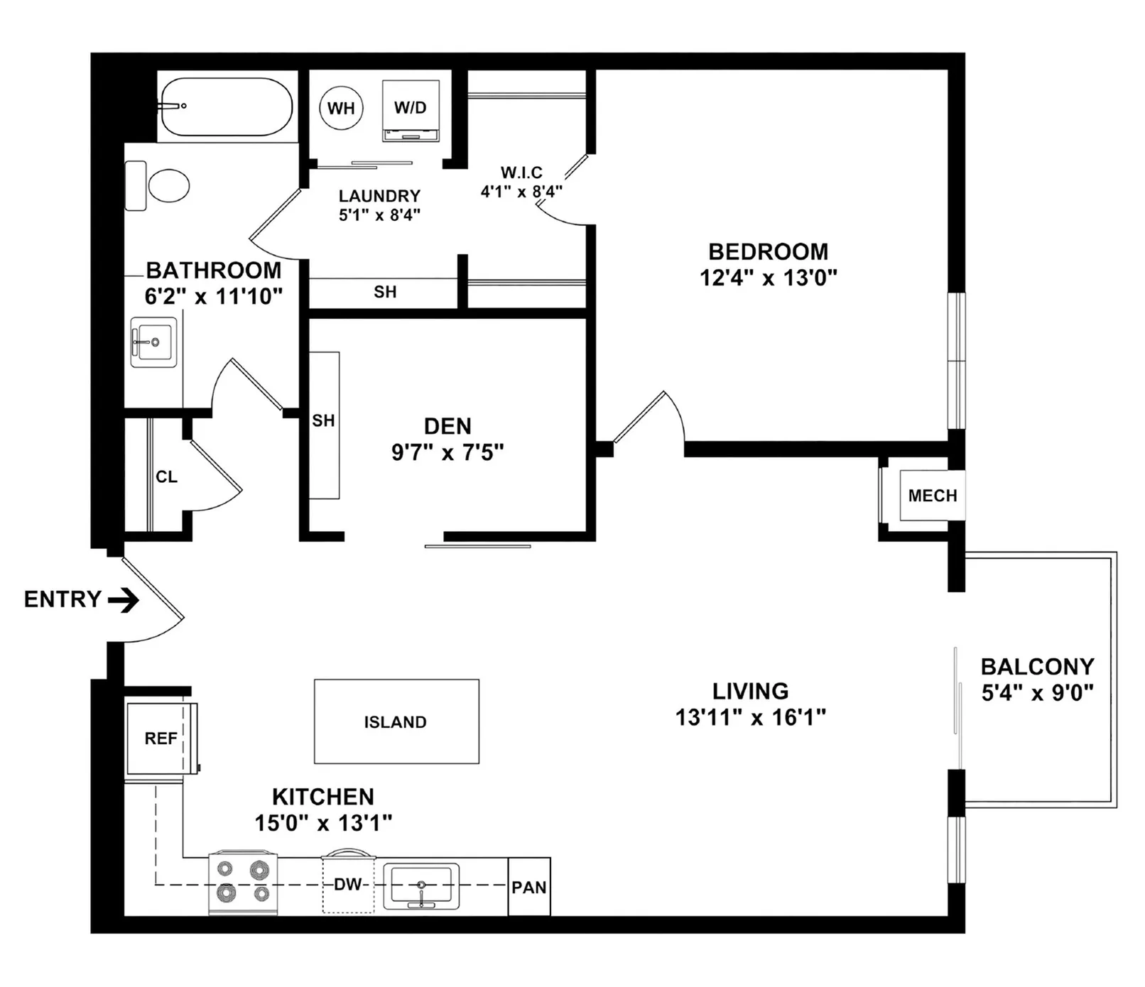 Modern floor plan showcasing 1 bedroom plus den, spacious open-concept living room, and gourmet kitchen, totaling 921 sq ft.