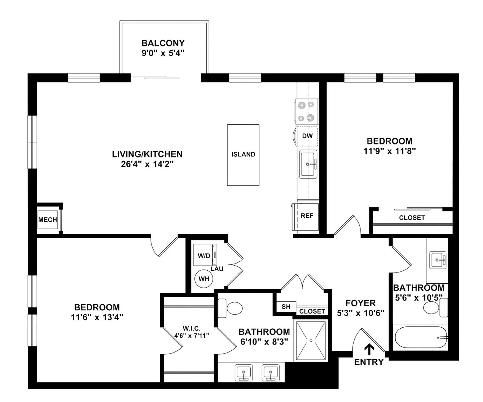 Modern 2-bedroom, 2-bathroom floor plan featuring an open-concept layout, spacious living area, and sleek kitchen island over 1,128 sq ft.
