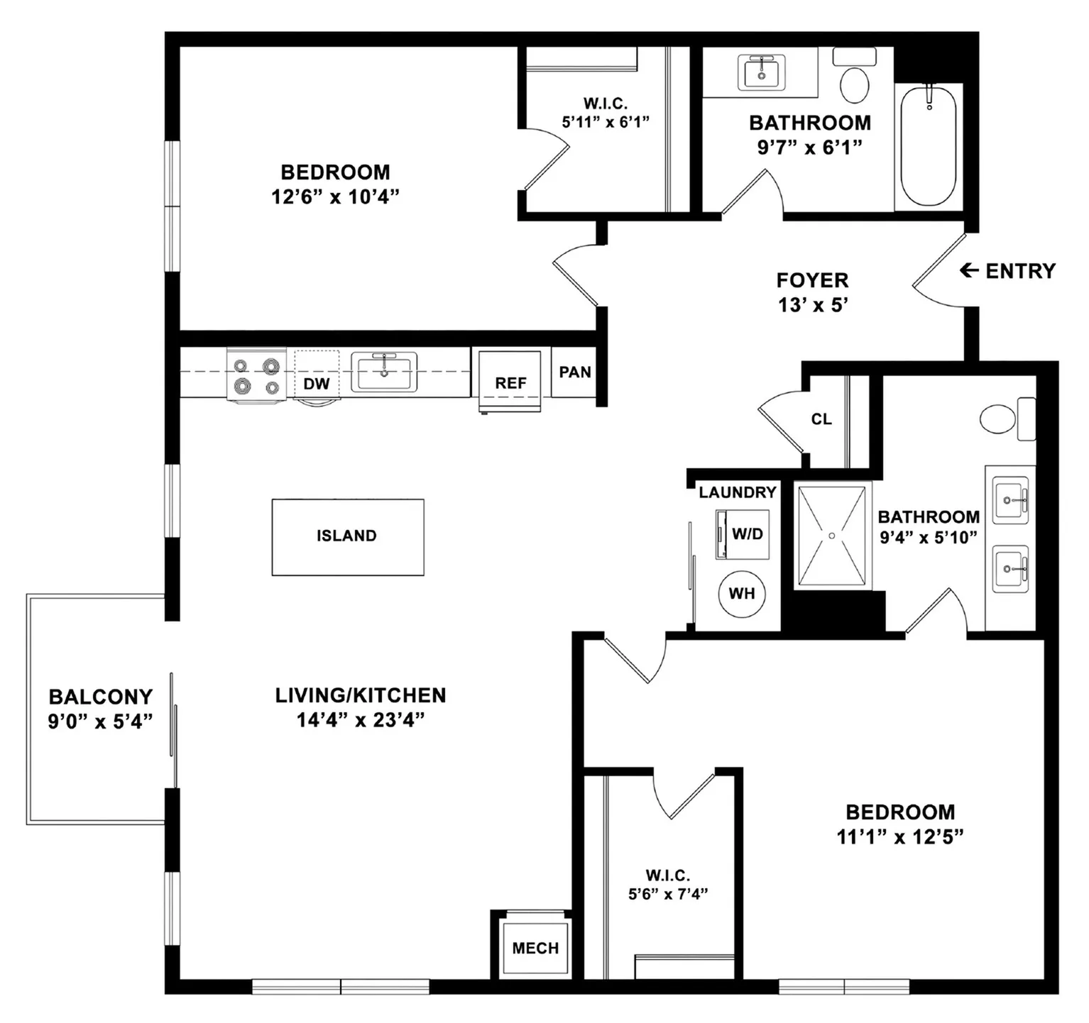 Discover the elegant 2-bedroom, 2-bathroom apartment floor plan featuring an open-concept living area, modern kitchen, and convenient laundry space, spanning 1,134 sq ft.