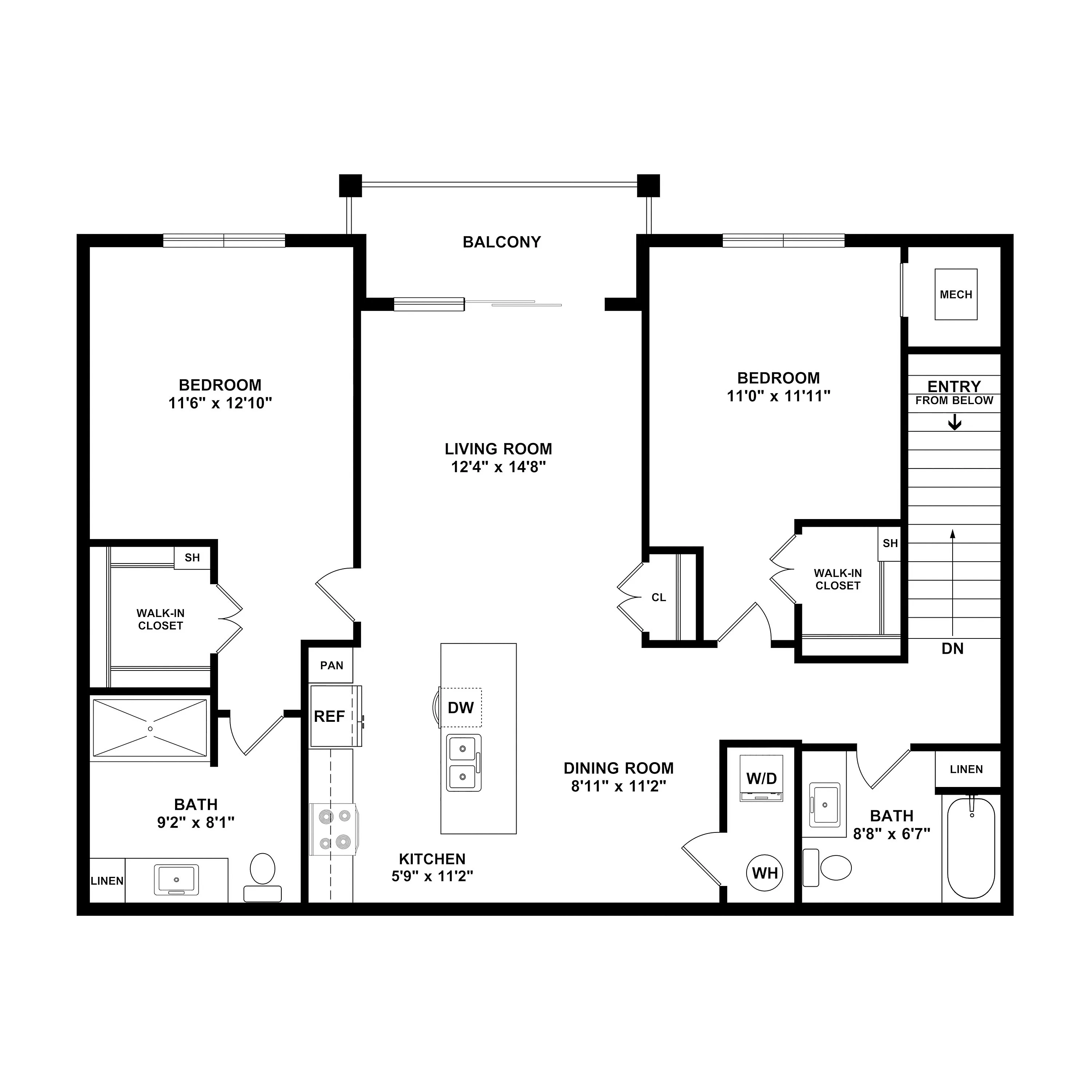 Modern floor plan showcasing 2 spacious bedrooms, a stylish open-concept kitchen, and a cozy living area with balcony access.