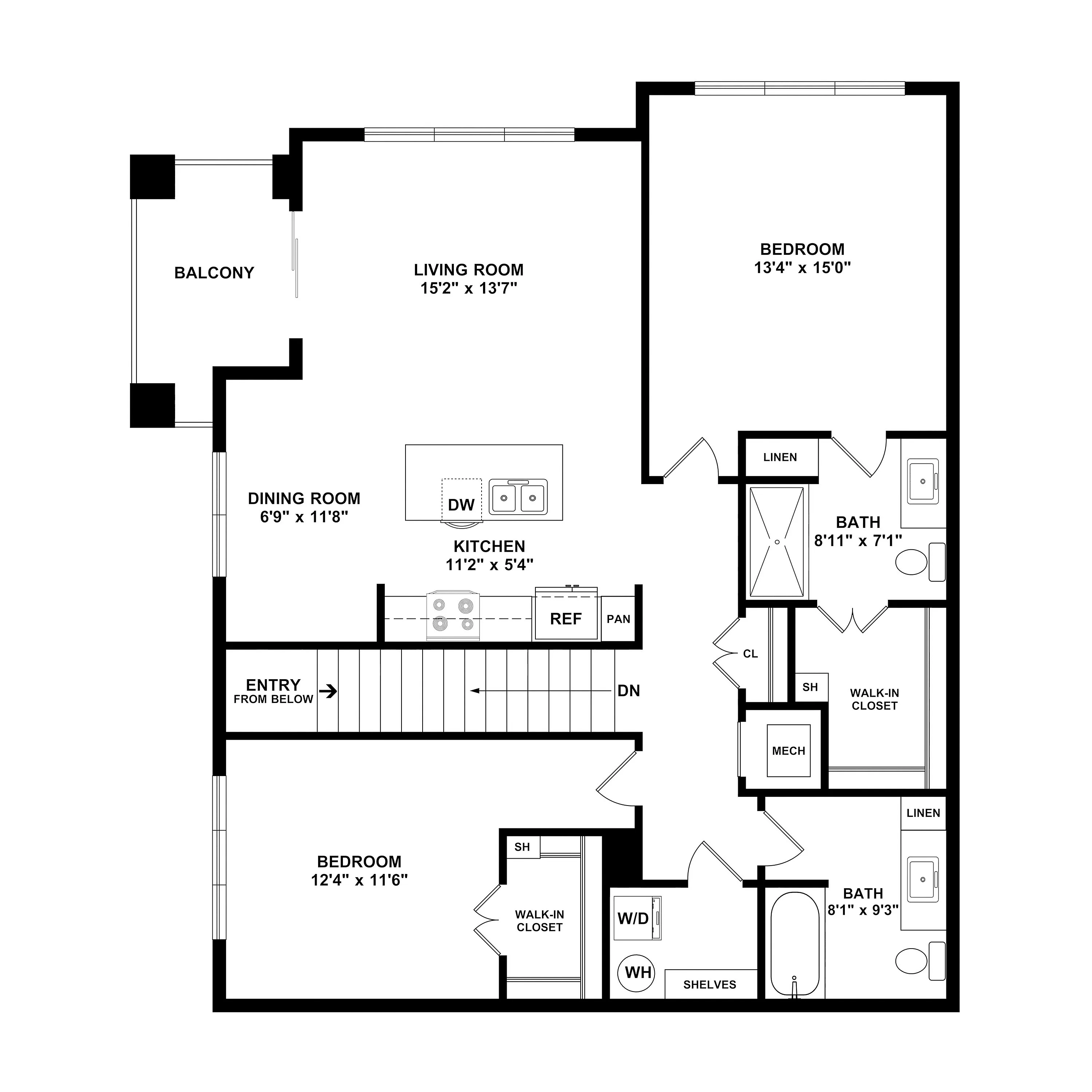 Contemporary floor plan showcasing 2 spacious bedrooms, open living and dining areas, a modern kitchen, and a private balcony.